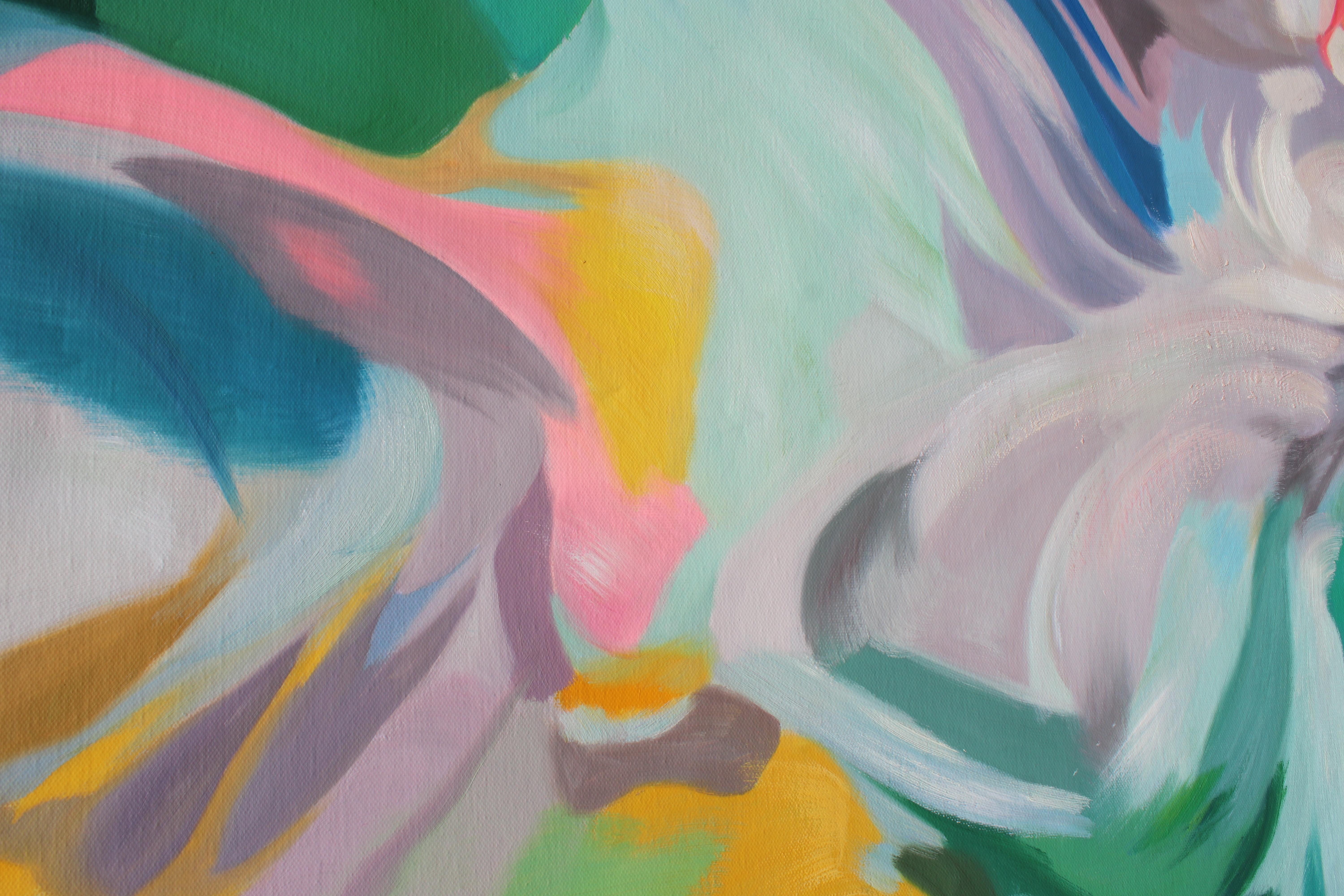 Teal Rosa Abstrakt Grau Acryl Gemälde, 48W X 36 