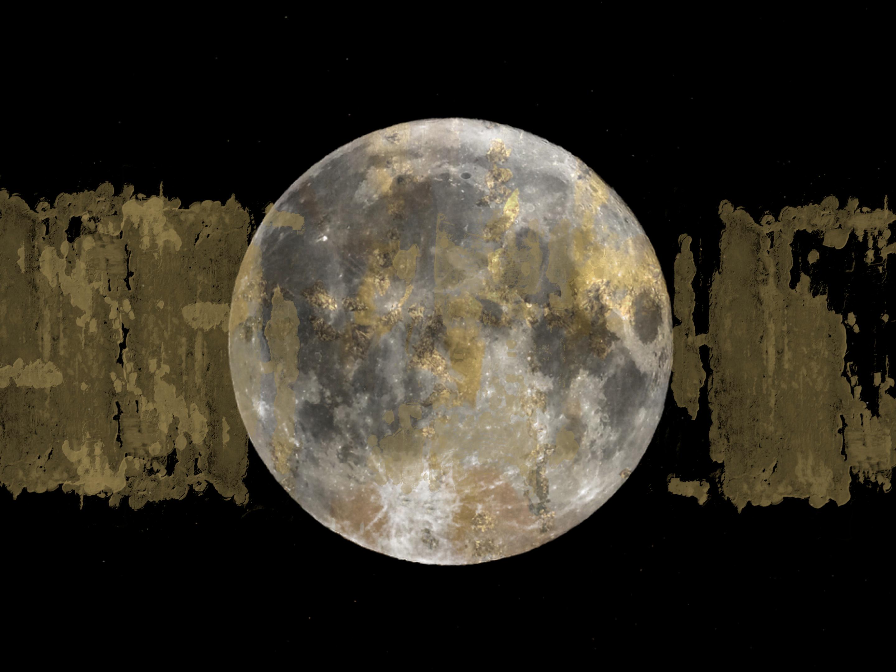 Gold Mond 3, Gold Schwarz Silber Mond Mixed Media Gemälde auf Leinwand 54 x 80