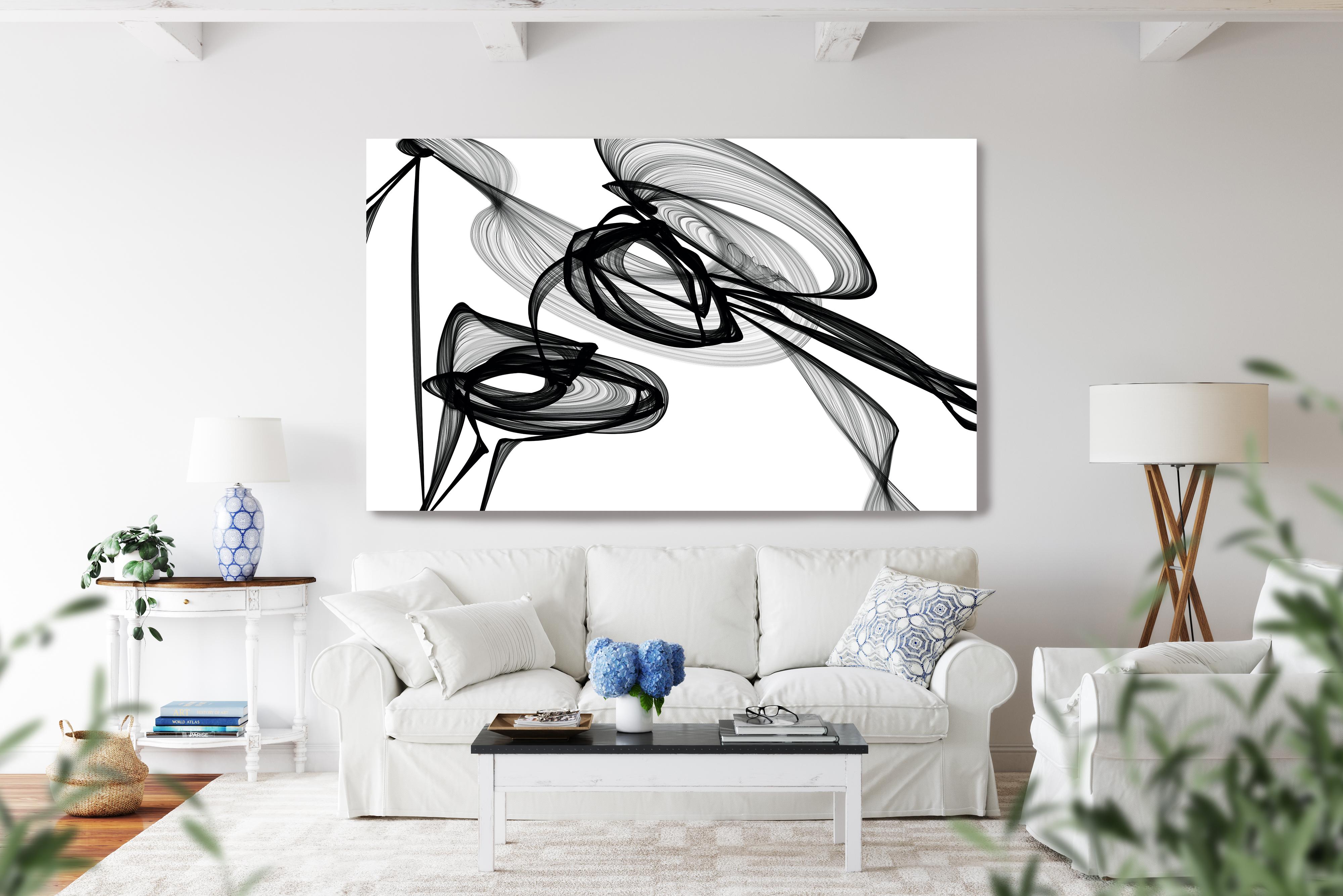 Irena Orlov Interior Painting - Black White Minimalist New Media Painting on Canvas, 44x72" What did you see?