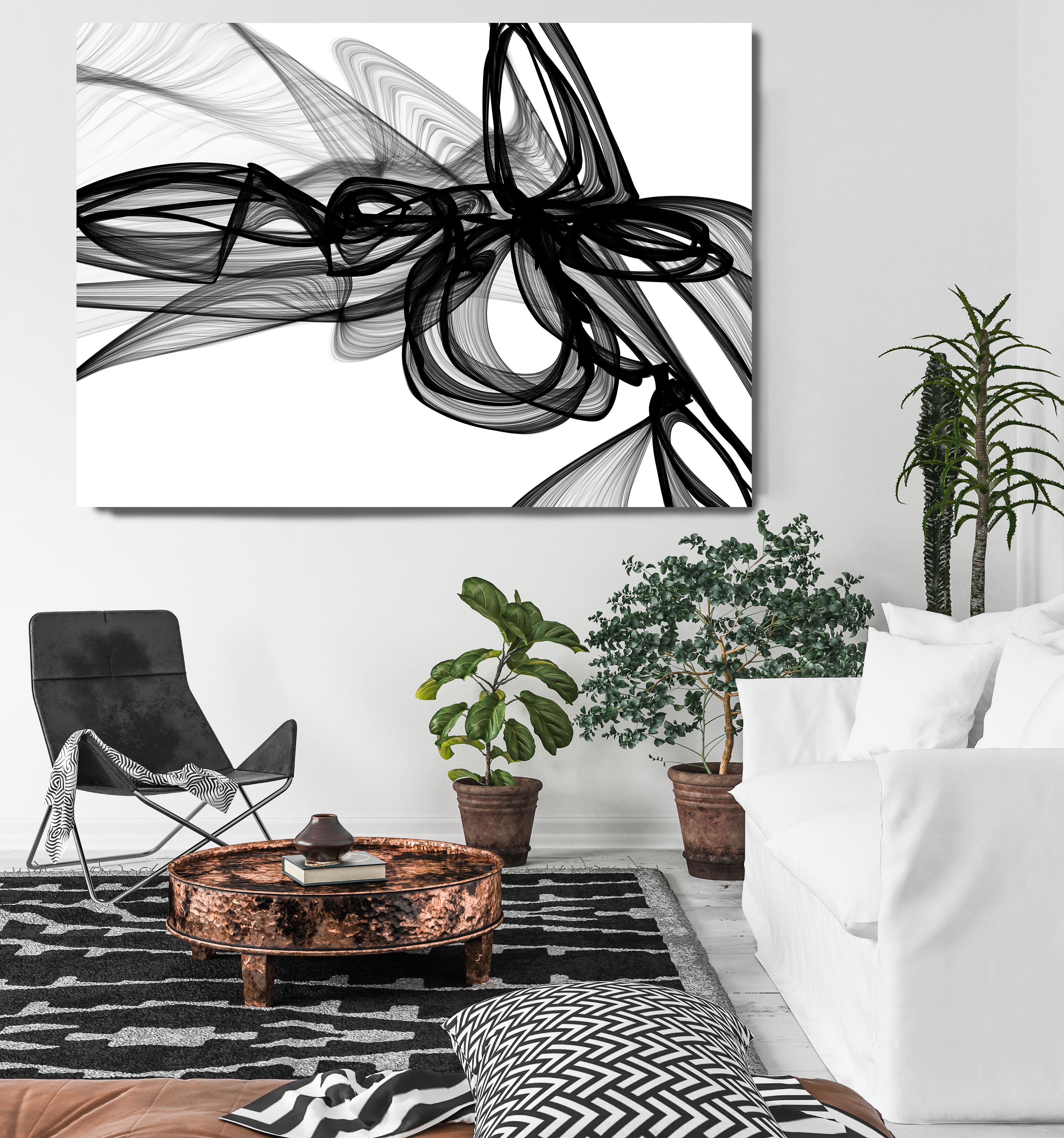 Irena Orlov Interior Painting - Black White Minimalist New Media Painting on Canvas, 60x45" Me in my own world