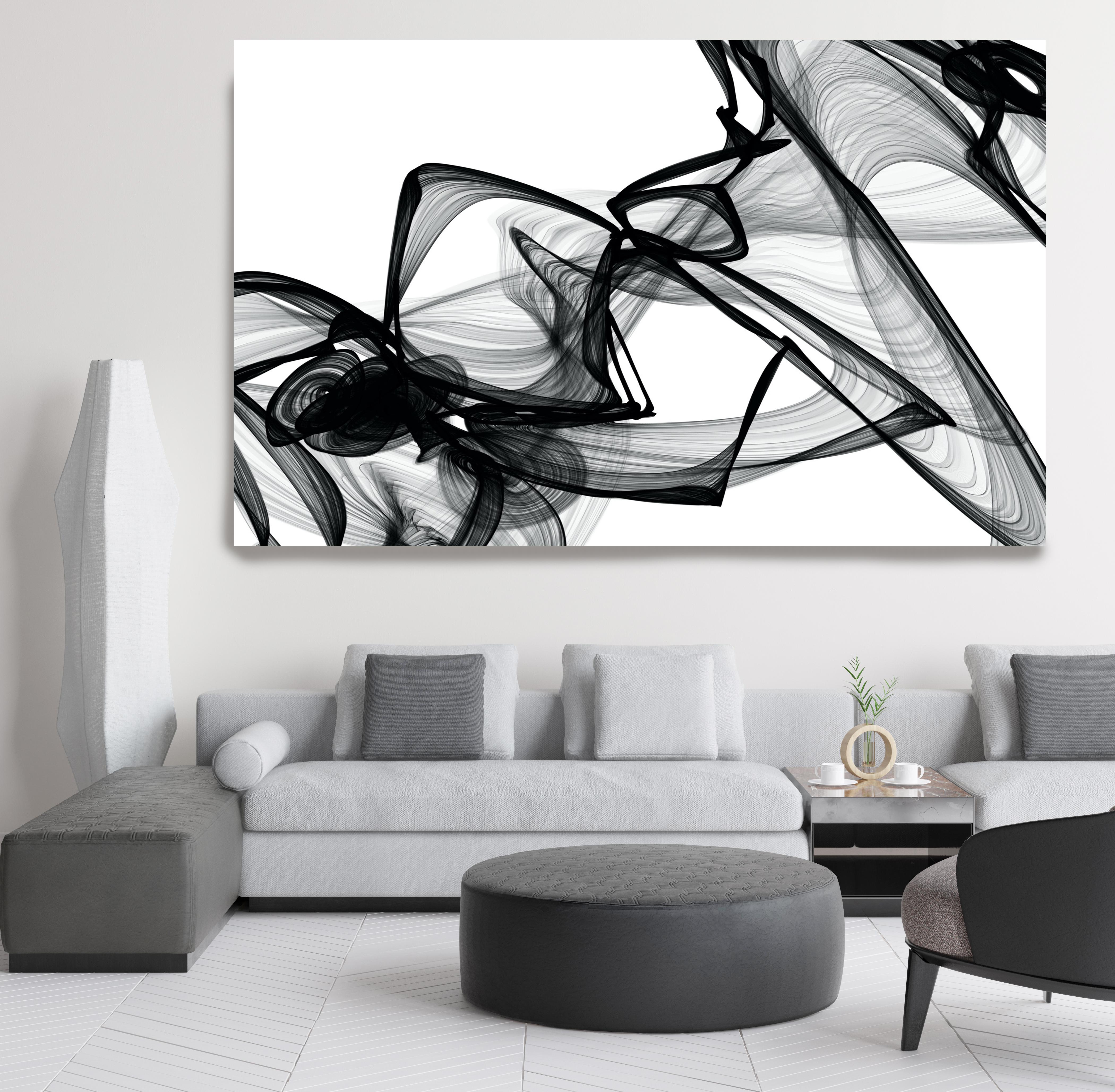 Minimalistisches Kunstgemälde in Schwarz-Weiß mit neuen Medien auf Leinwand, 44x72, Schwarz-Weiß, Schwarzweiß