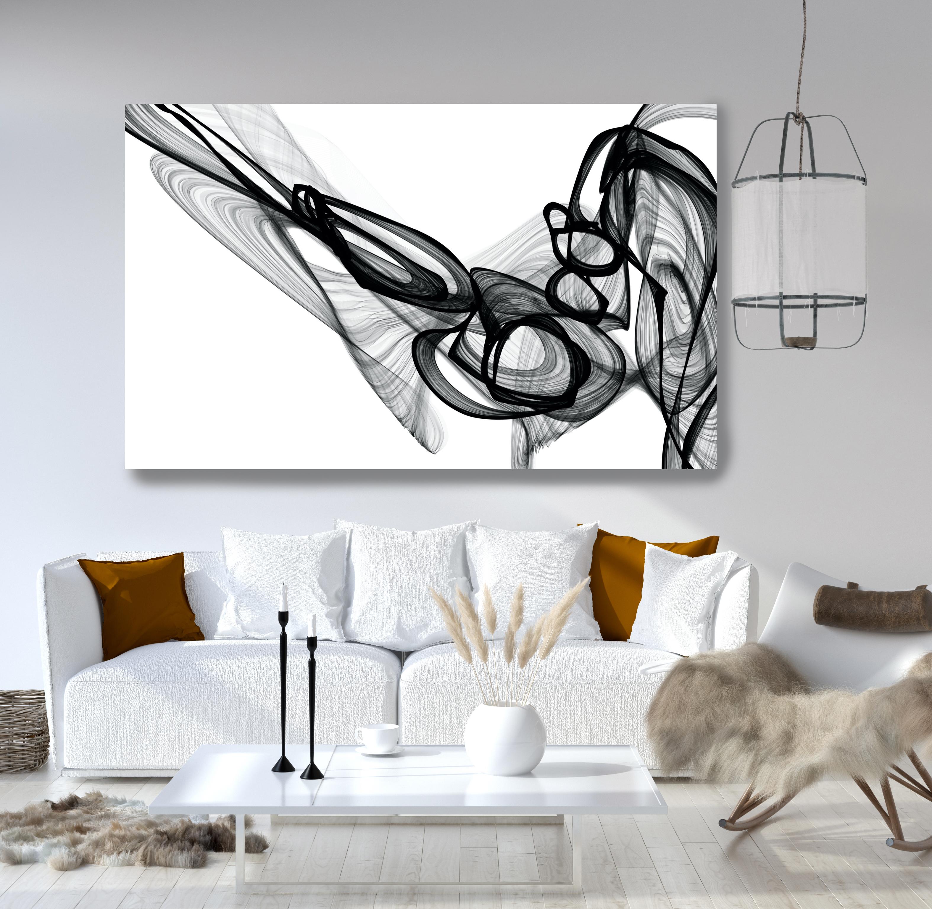 Minimalist Black White New Media Painting on Canvas, 44x72" Experiment - Mixed Media Art by Irena Orlov