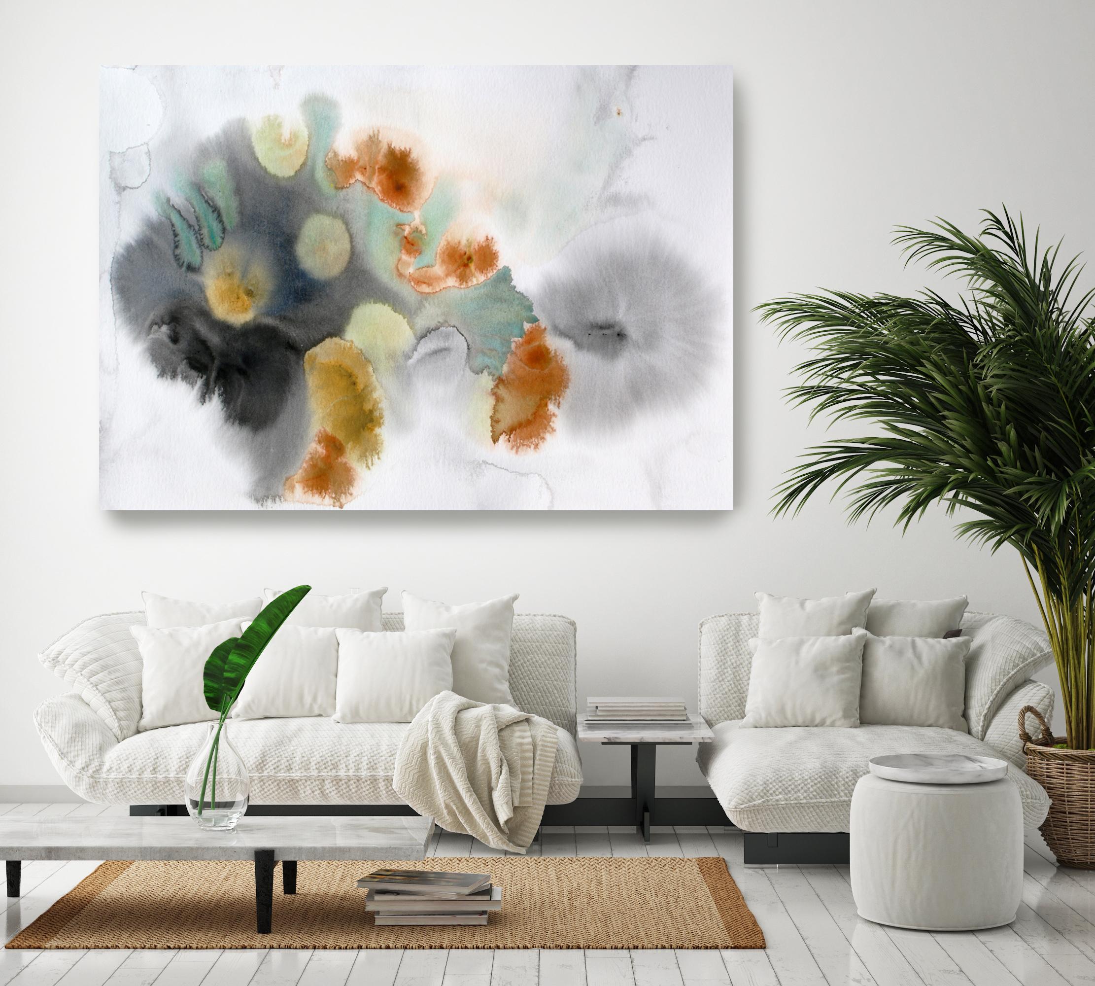 Irena Orlov Interior Painting - Abstract Green Orange Mixed Media Painting Watercolor Acrylic on Canvas 60x40" 