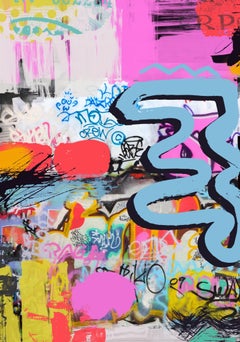 Arte callejero colorido rosa original sobre lienzo Arte medio mixto, Amistad, 45X60"