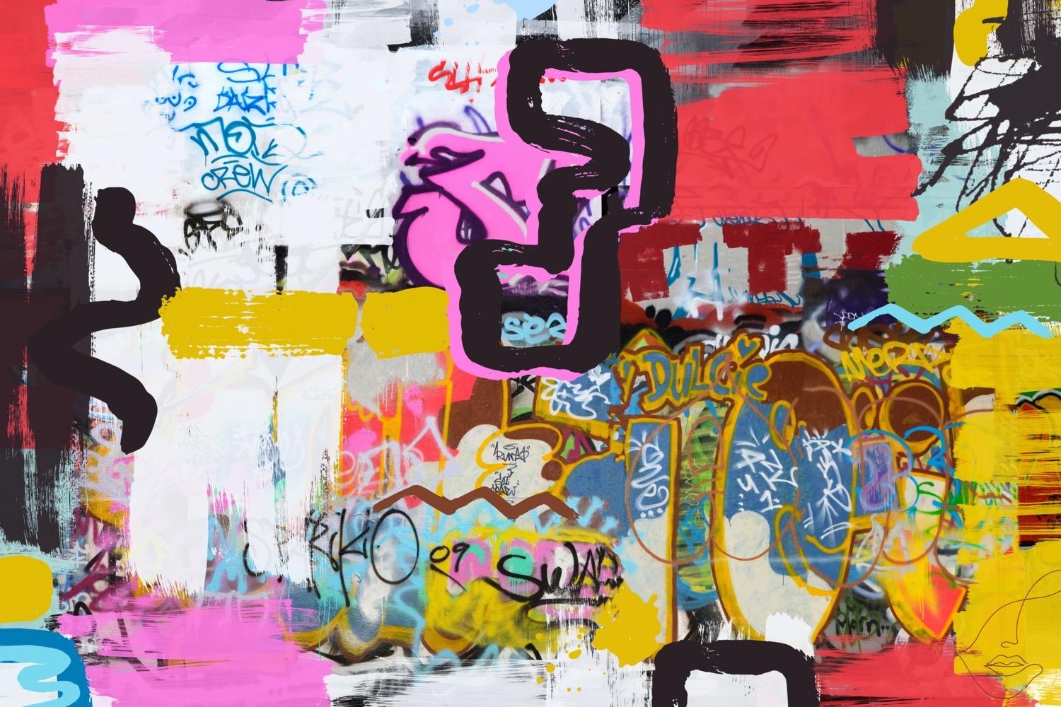 Rosa Graffiti Street Art Mixed Media auf Leinwand, Im improvisatorischer Stil  45X60