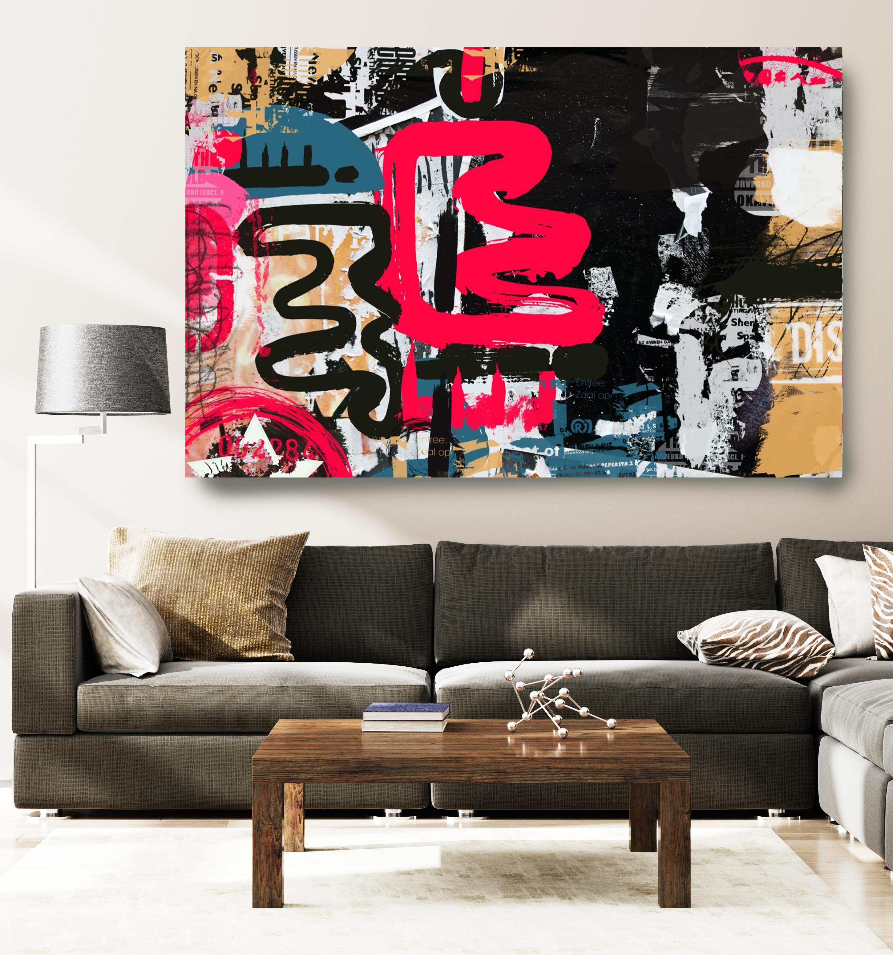 Red Graffiti Street Art Mixed Media on Canvas, Transatlantic Accent  45HX60W"