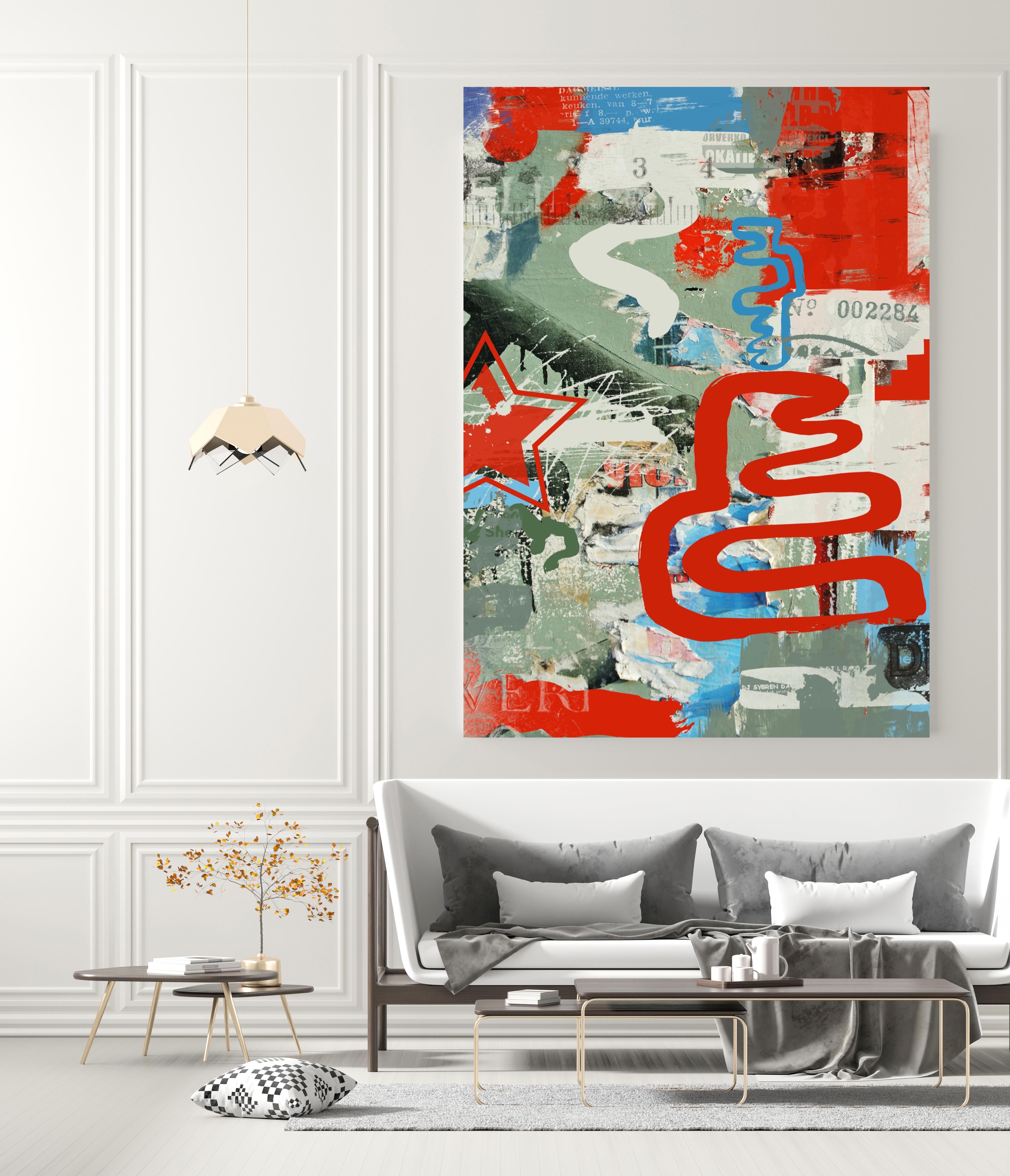 Original Red Green Street Art on Canvas Mixed Medium Art, Contradict, 45X60"