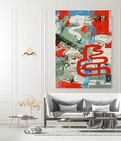 Art urbain sur toile d'origine rouge et vert, art mixte, contraste, 45X60 po.