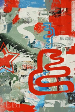 Original Red Green Street Art on Canvas Mixed Medium Art, Contradict, 45X60"