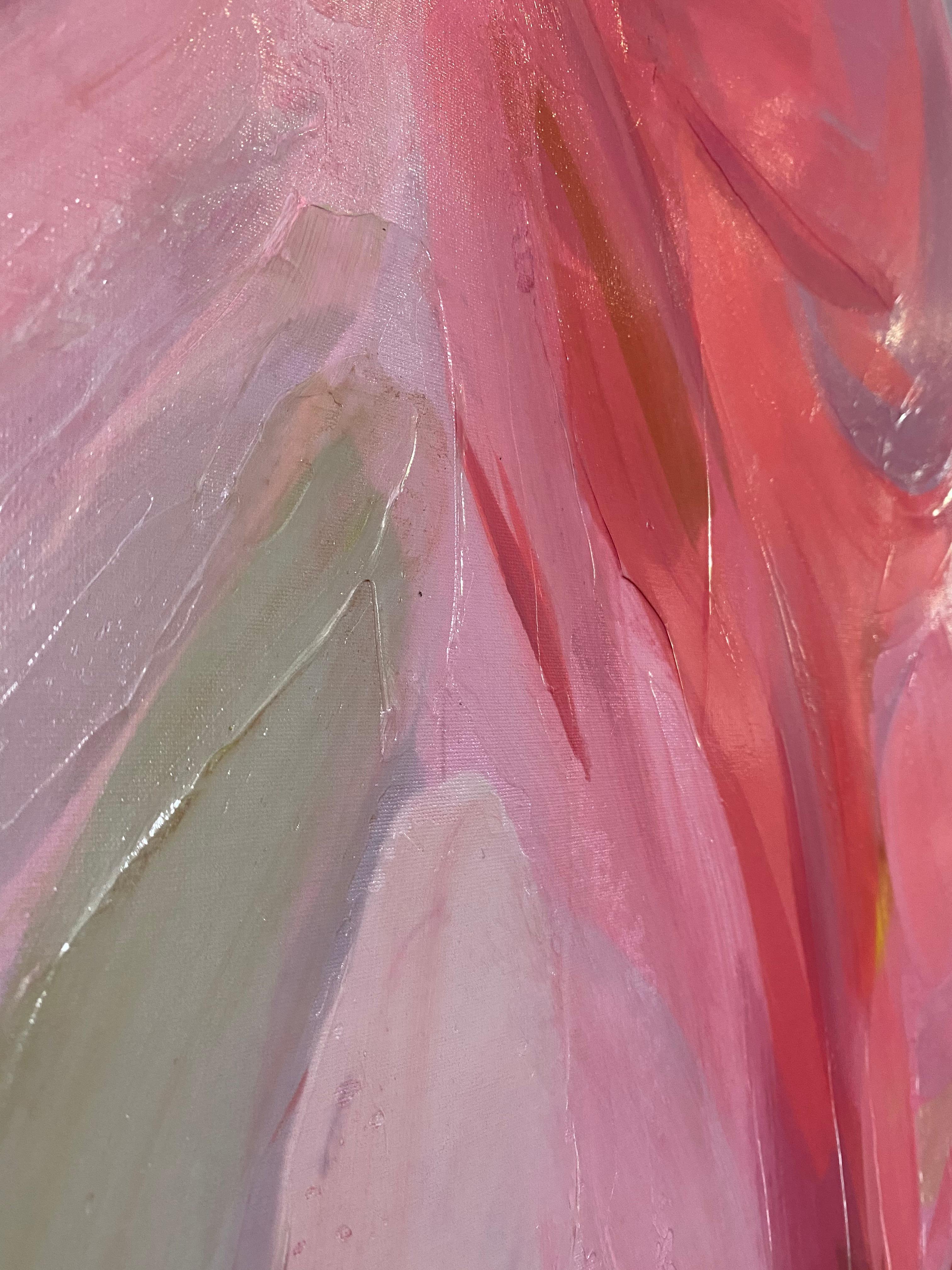 Peinture abstraite verte et rose sur toile technique mixte, 45x45