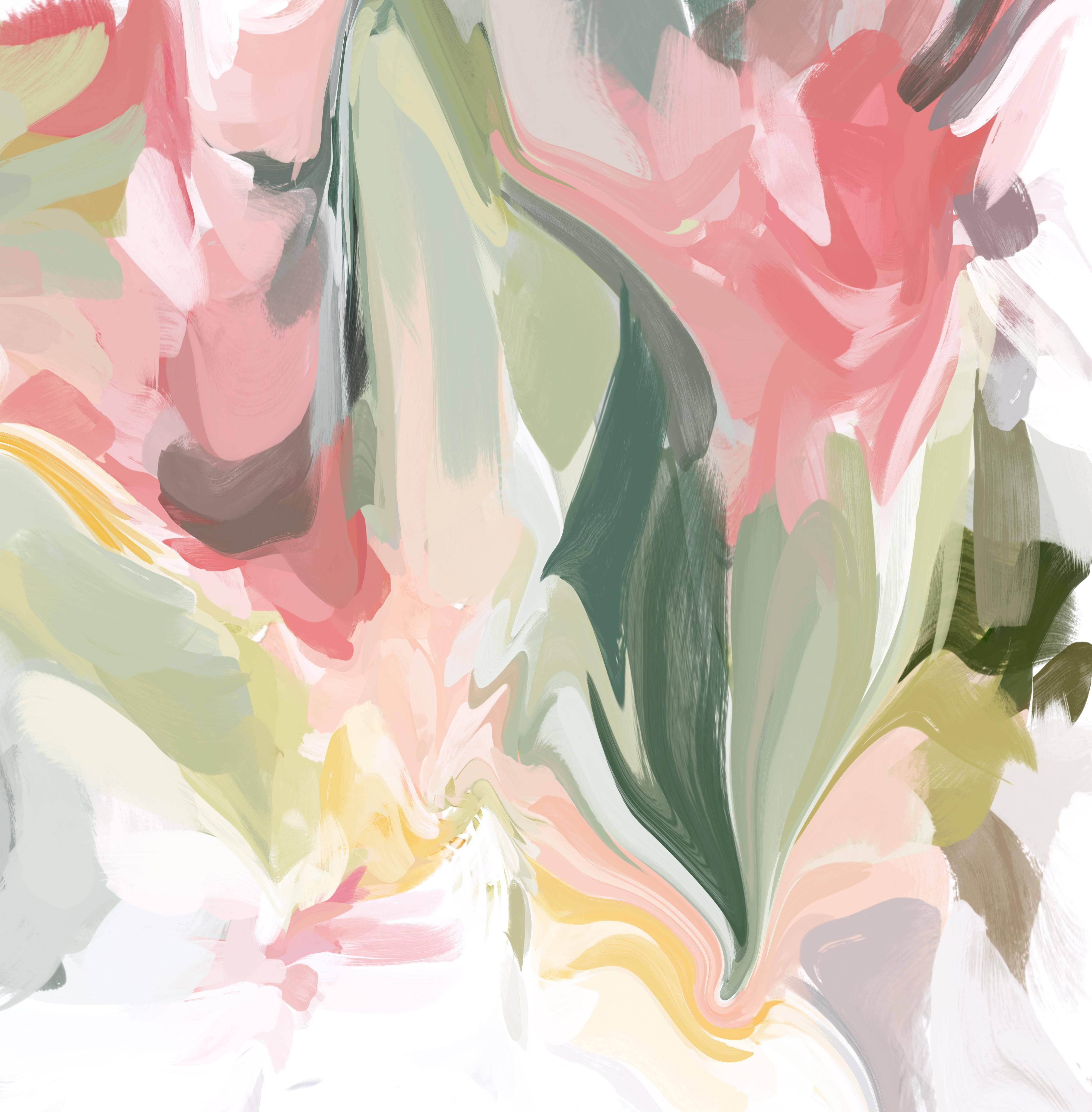 Peinture abstraite verte et rose sur toile technique mixte, 45x45
