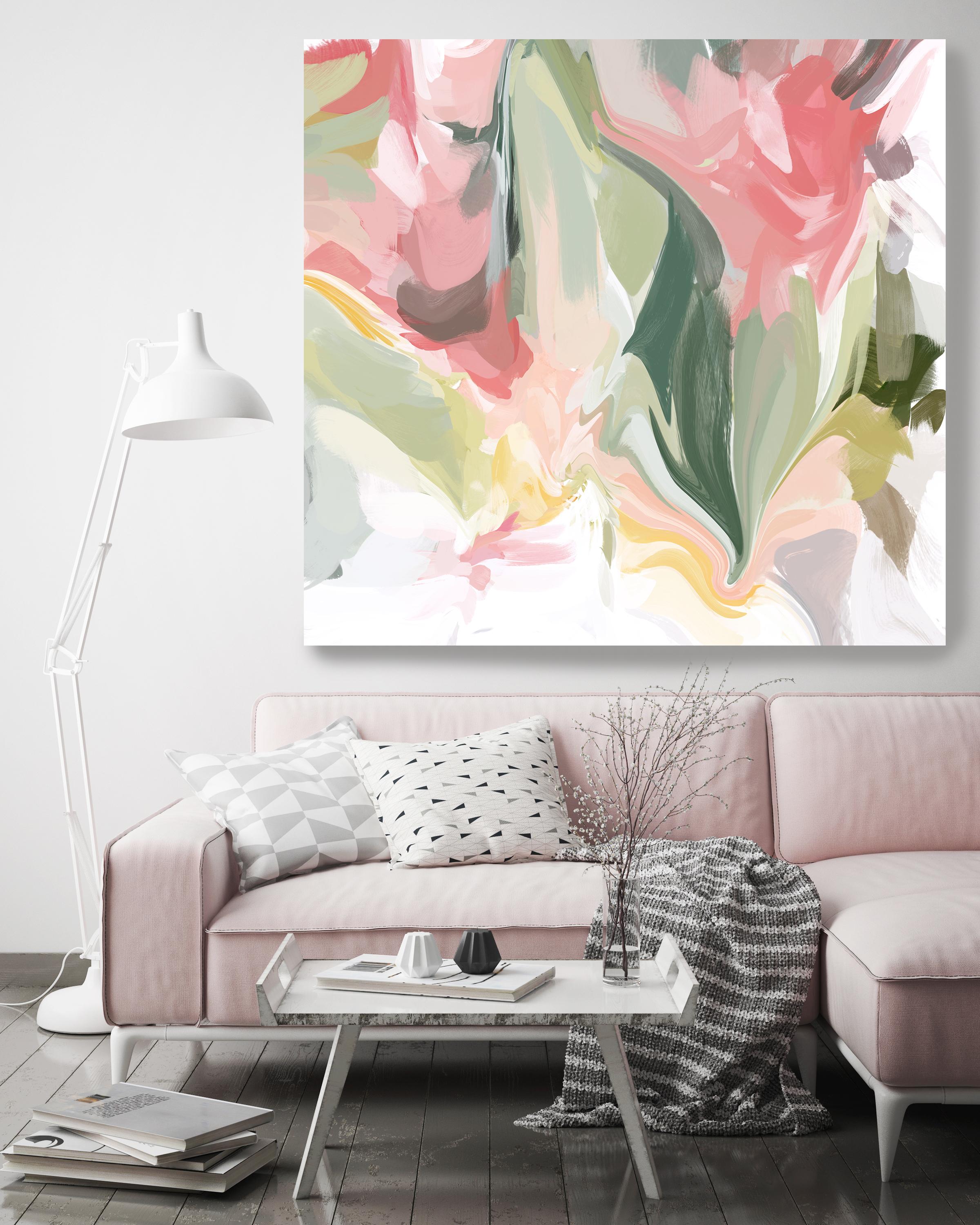 Grün-rosa, abstraktes Gemälde, Mischtechnik, Leinwand 45x45 Zoll, On the Move