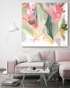 Peinture abstraite verte et rose sur toile technique mixte, 45x45" On the Move