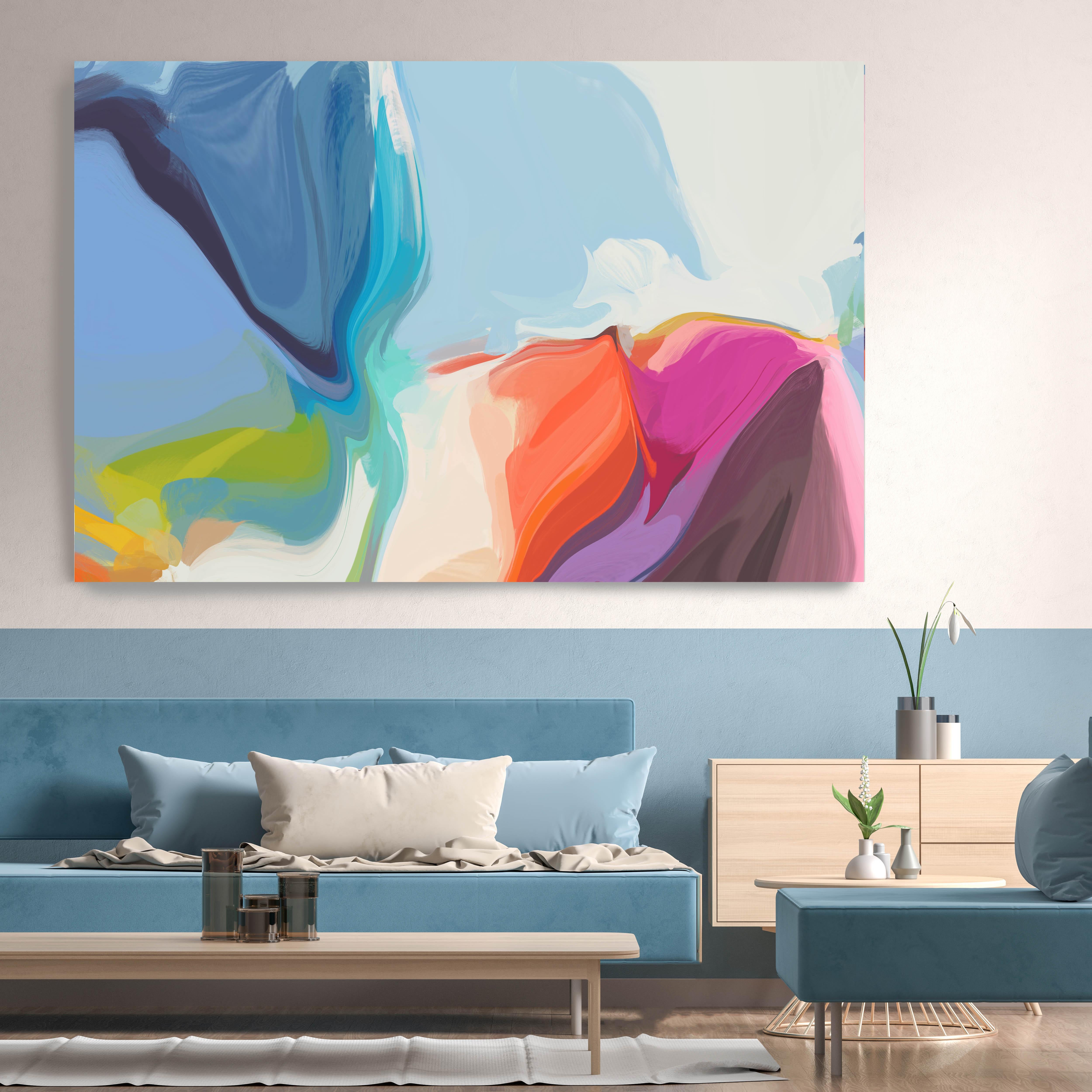 Peinture abstraite bleue sur toile technique mixte 101,6 x 152,4 cm La voix chaleureuse