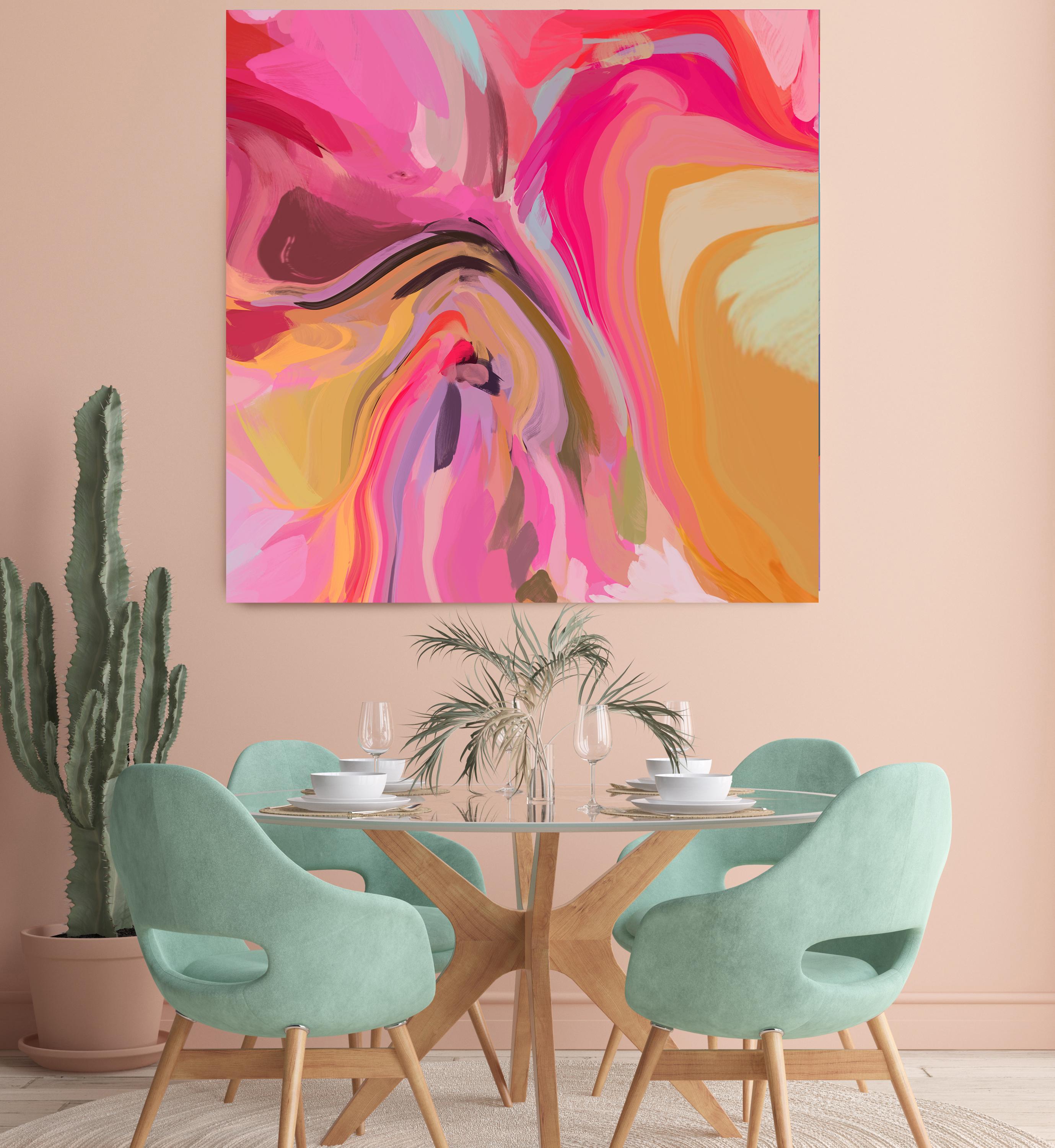 Sparks of Pink, zeitgenössische abstrakte Malerei, Mischtechnik, Leinwand 45x45" 