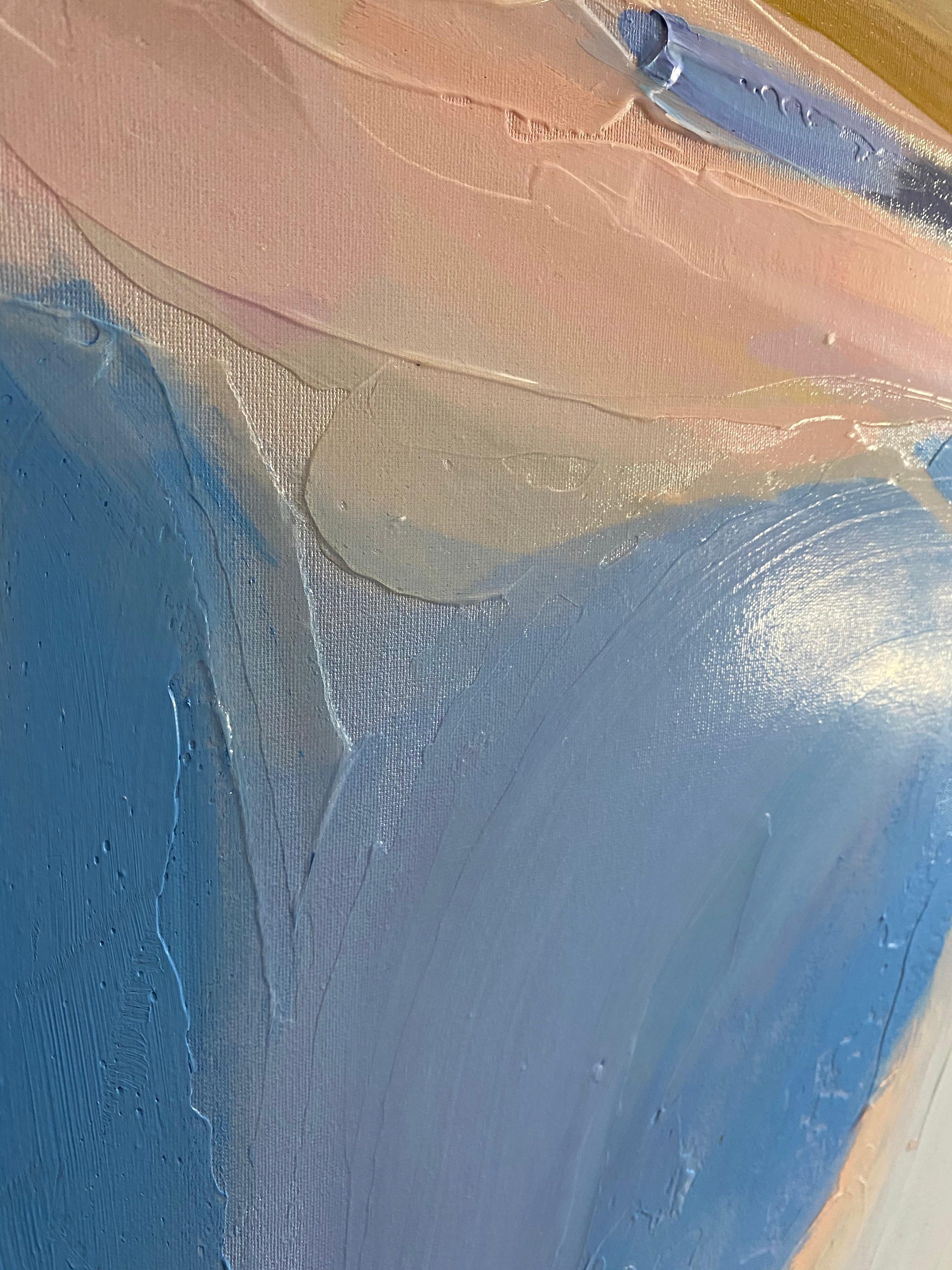 Peinture contemporaine bleue blanche sur toile technique mixte 101,6 cm x 152,4 cm Fresh Air - Gris Abstract Painting par Irena Orlov