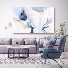 Pintura Contemporánea Blanco Azul Lienzo Técnica Mixta 40x60" Aire Fresco