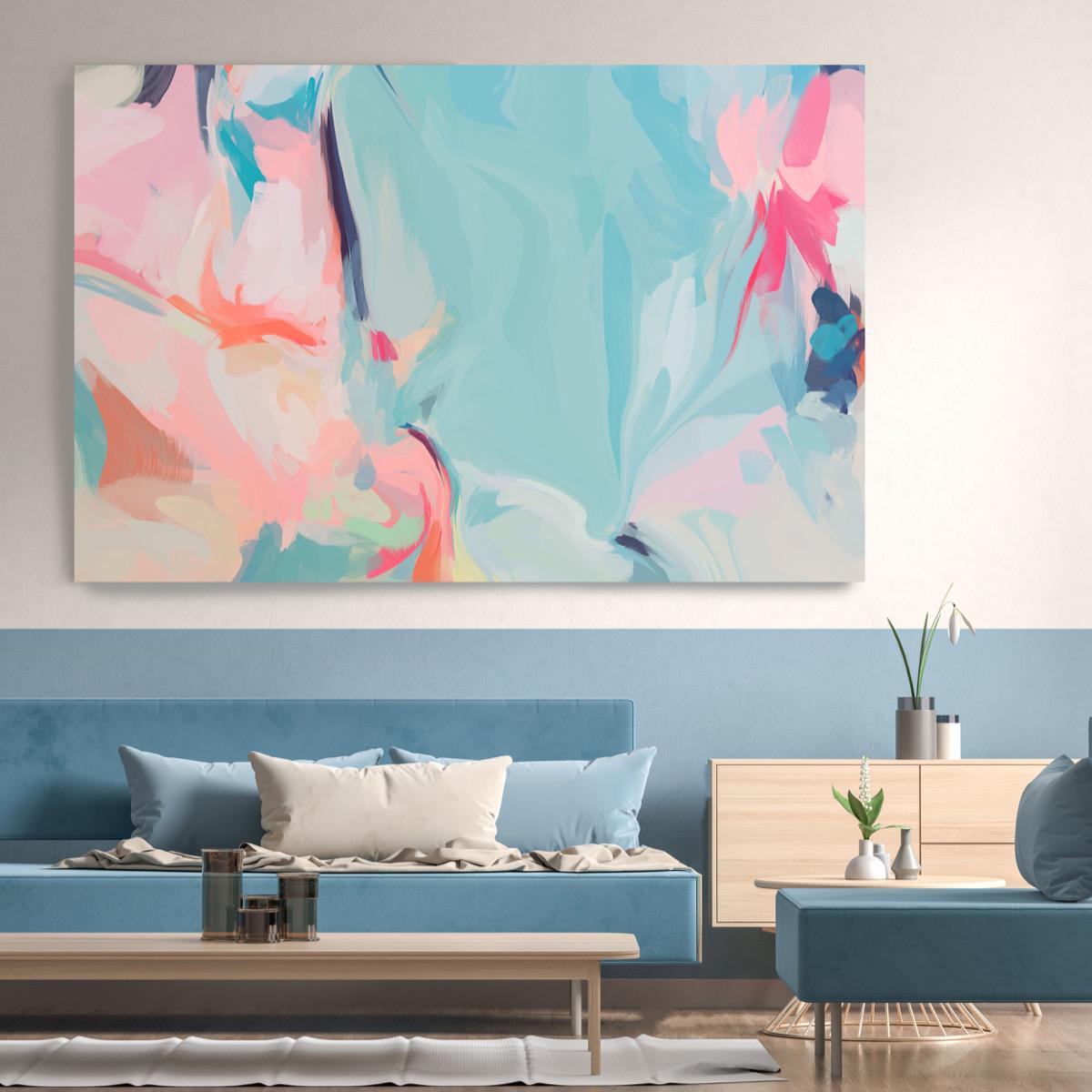 Contemporary Pink Blue Painting Mixed Media Canvas 40x60" Lines of Life 4