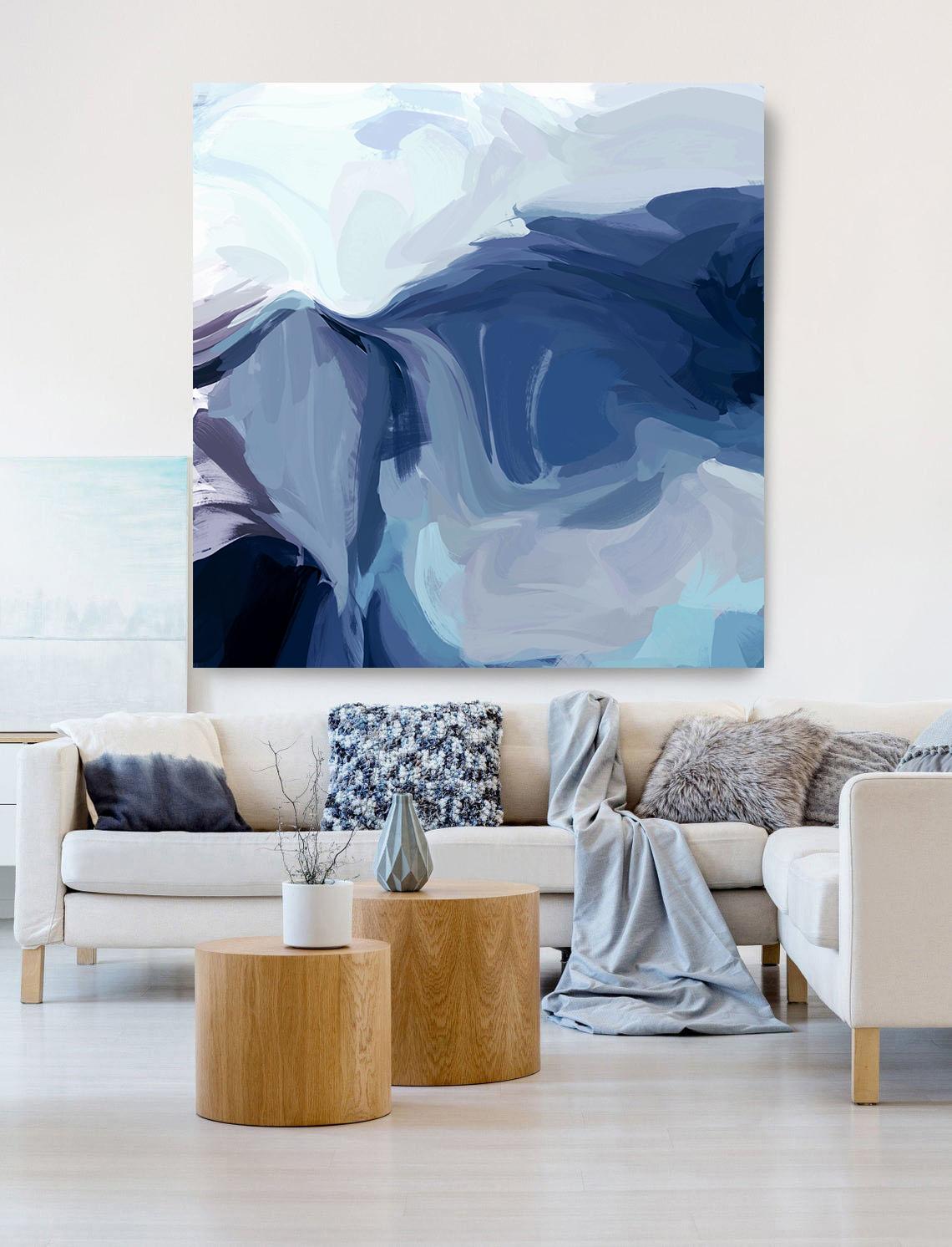 The Blue Sea Wave, Coastal Contemporary Painting Mixed Media Canvas 45x45" 
