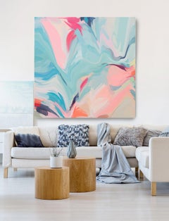 Arte contemporáneo abstracto rosa Lienzo en técnica mixta 48x48" Líneas de la vida 1