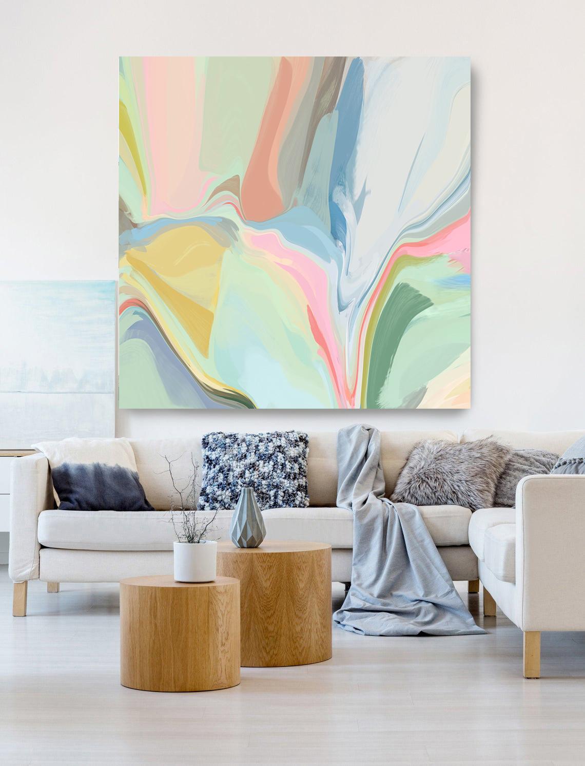 Irena Orlov Abstract Painting - Abstract Pastel Colors Mixed Media Canvas Art 45x45" In its best light 2
