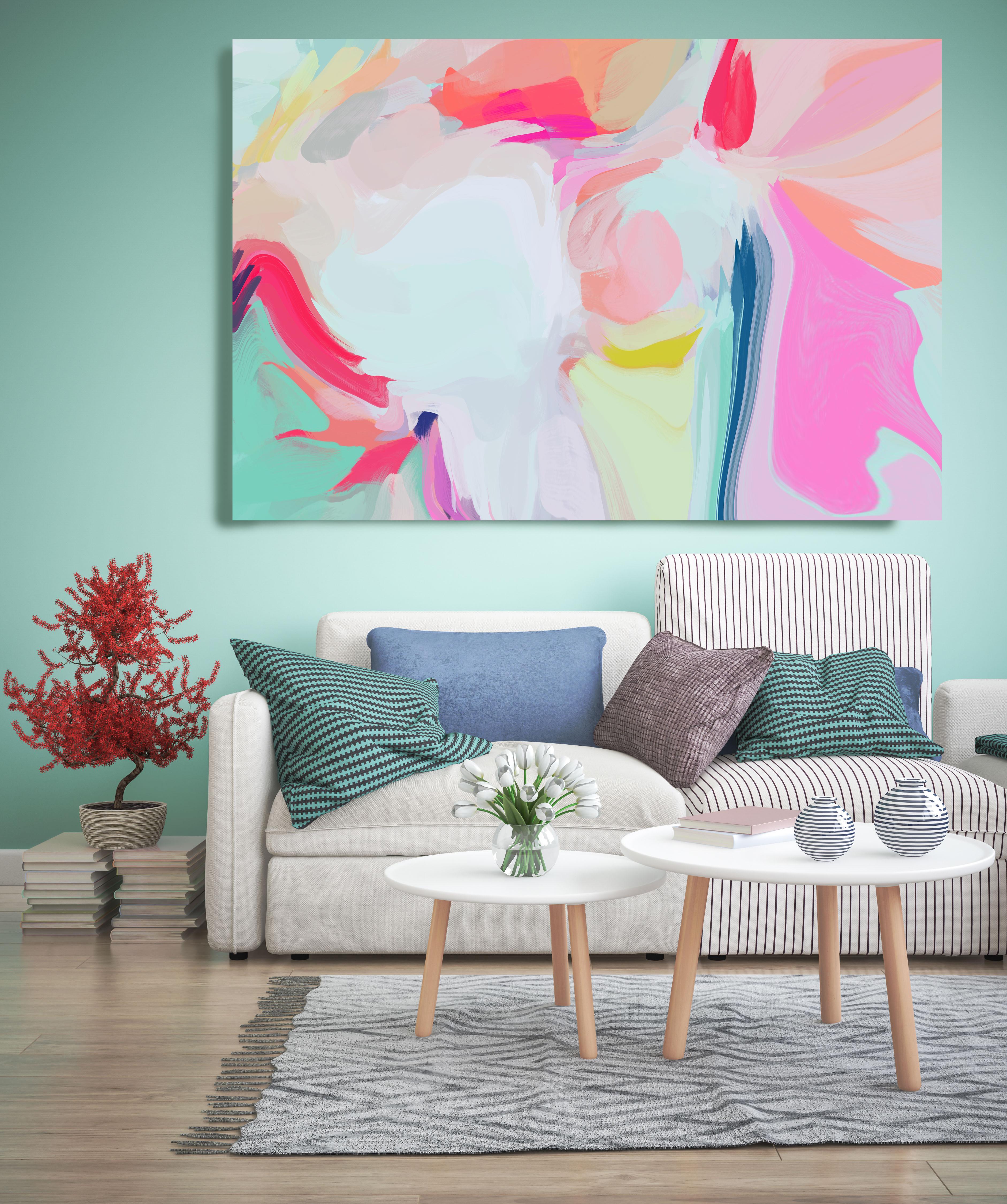 Abstract Romance Painting Mixed Media Canvas 40x60" Pink Blue