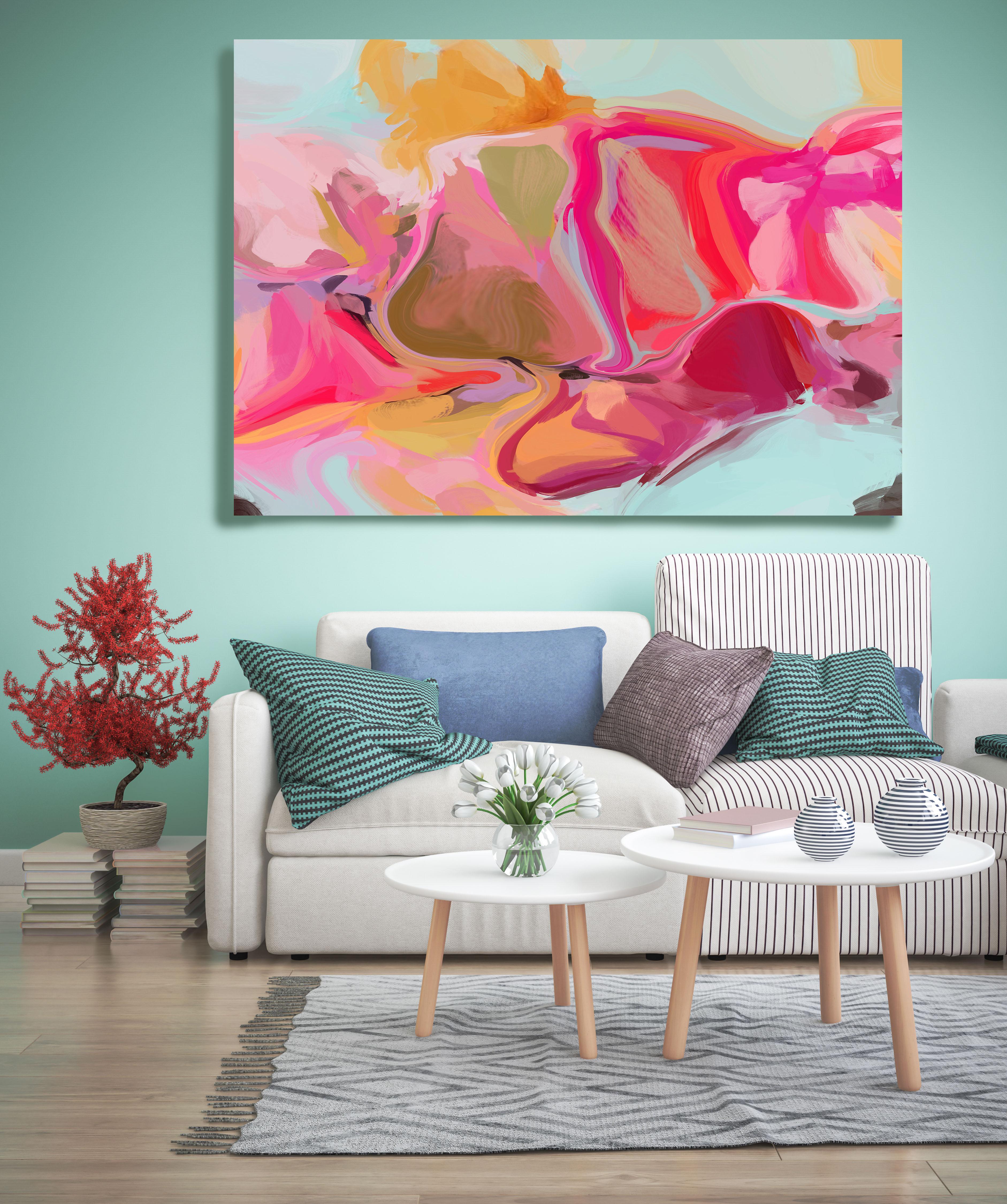 Pink Painting Mixed Media Canvas 60x40" The Wind Moves, Contemporary