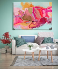Pintura Rosa Lienzo Técnica Mixta 60x40" El viento se mueve, Contemporáneo