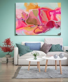 Pink Painting Mixed Media Canvas 60x40" The Wind Moves, Contemporary