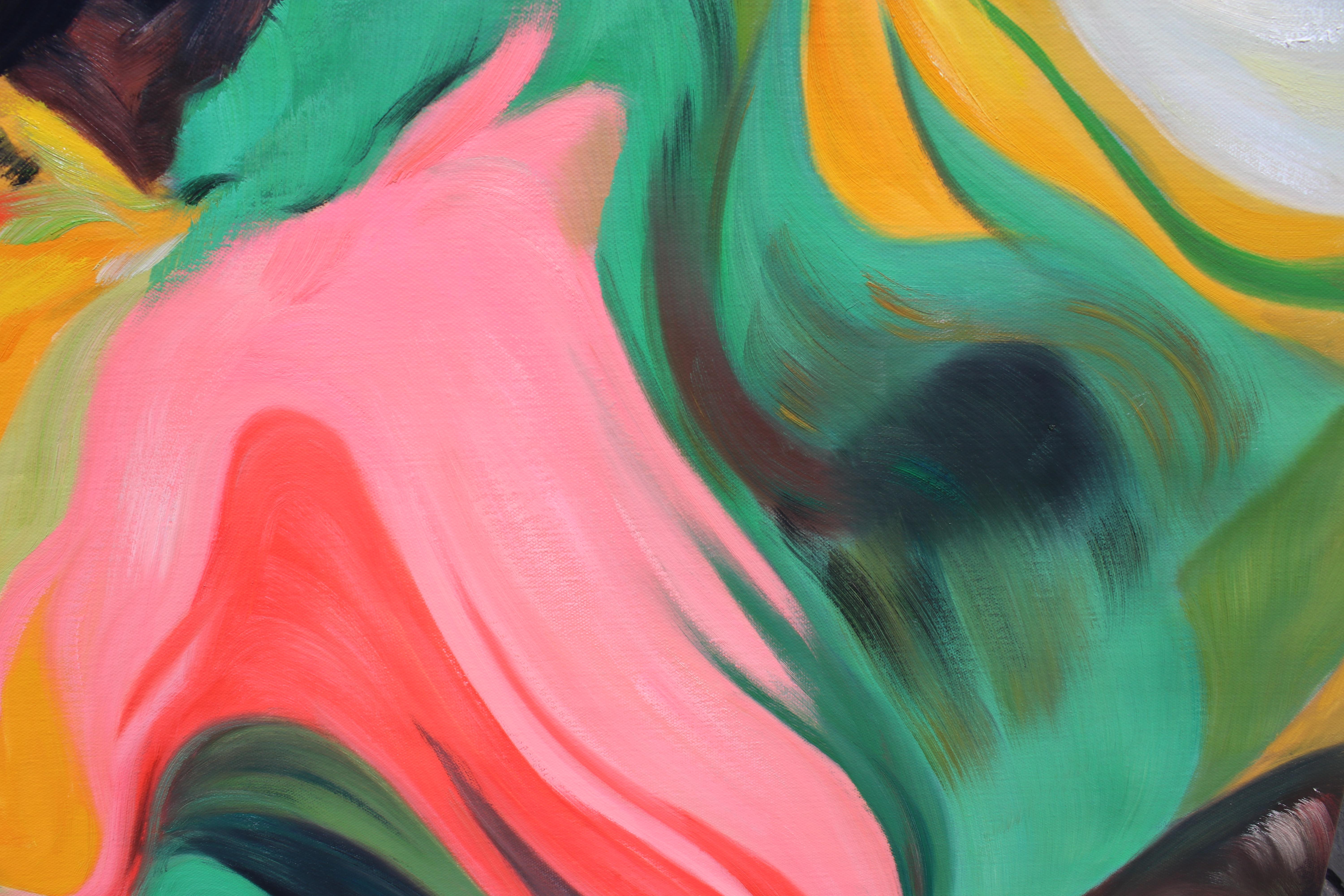 Green Pink Flow Abstract Acrylic Painting, 48W X 36