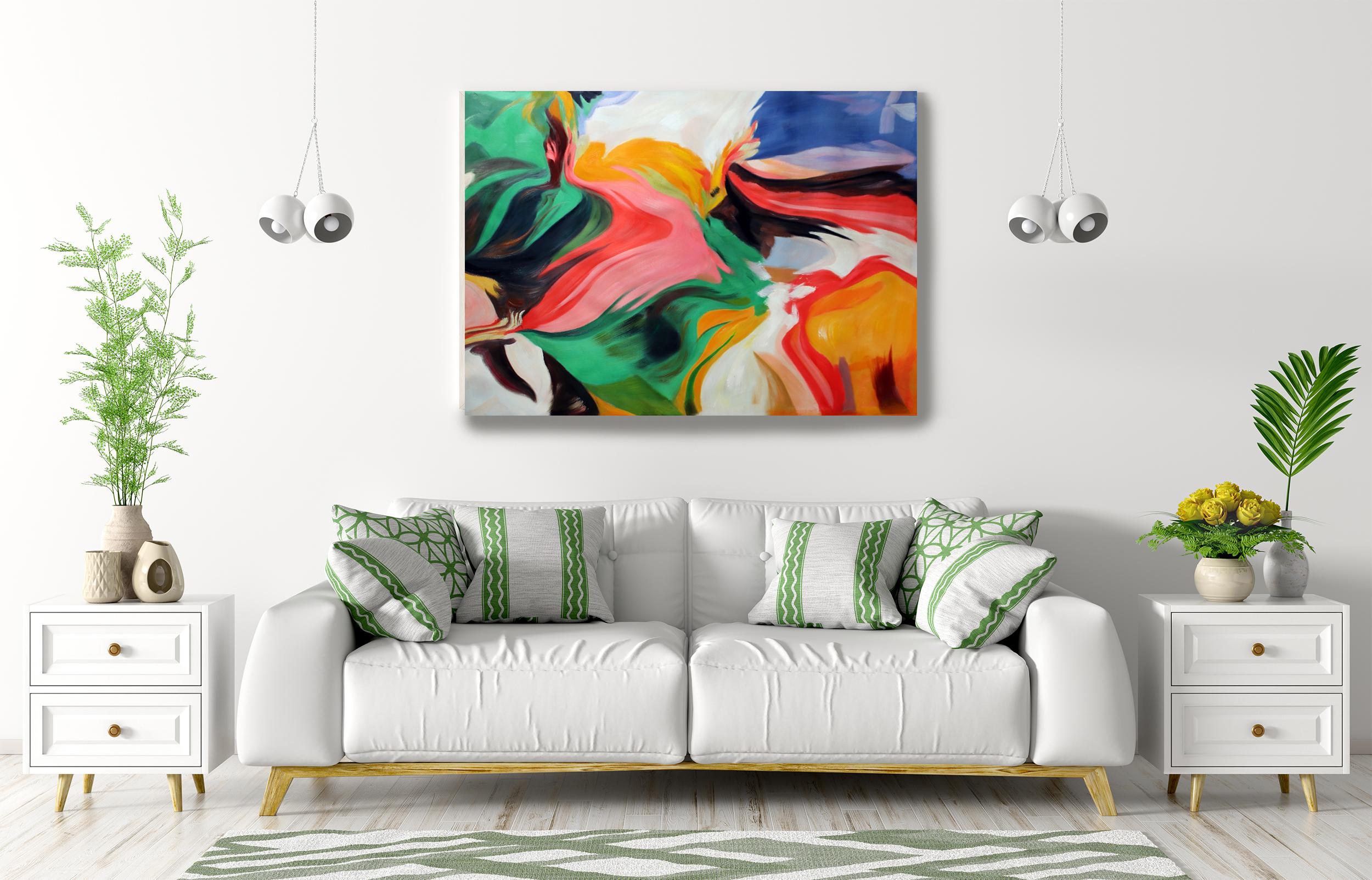 Greene & Greene Pink Flow Pittura contemporanea astratta in acrilico, 48W X 36 