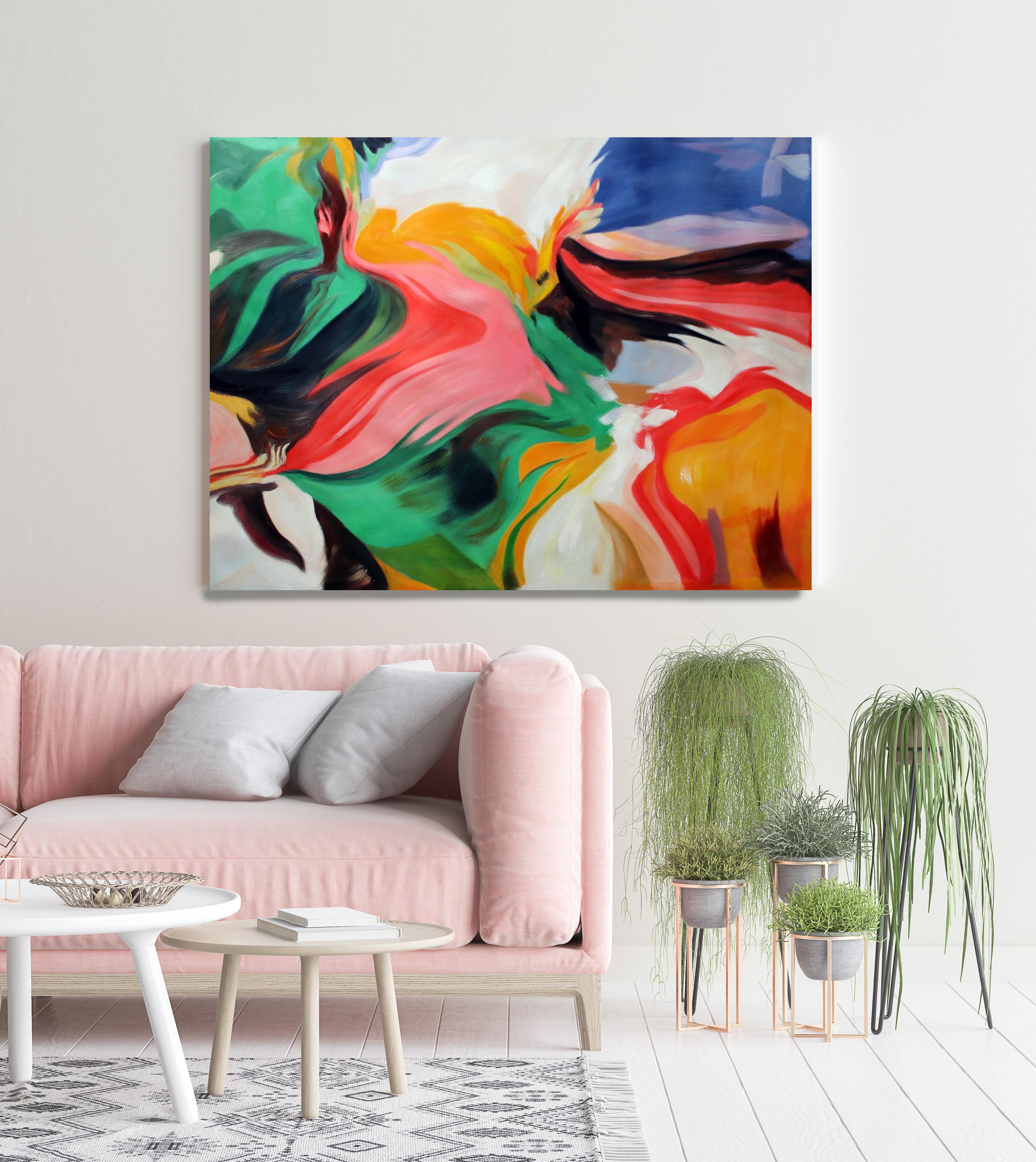 Irena Orlov Interior Painting - Green Pink Flow Contemporary Abstract Acrylic Painting, 48W X 36"H, Challenge