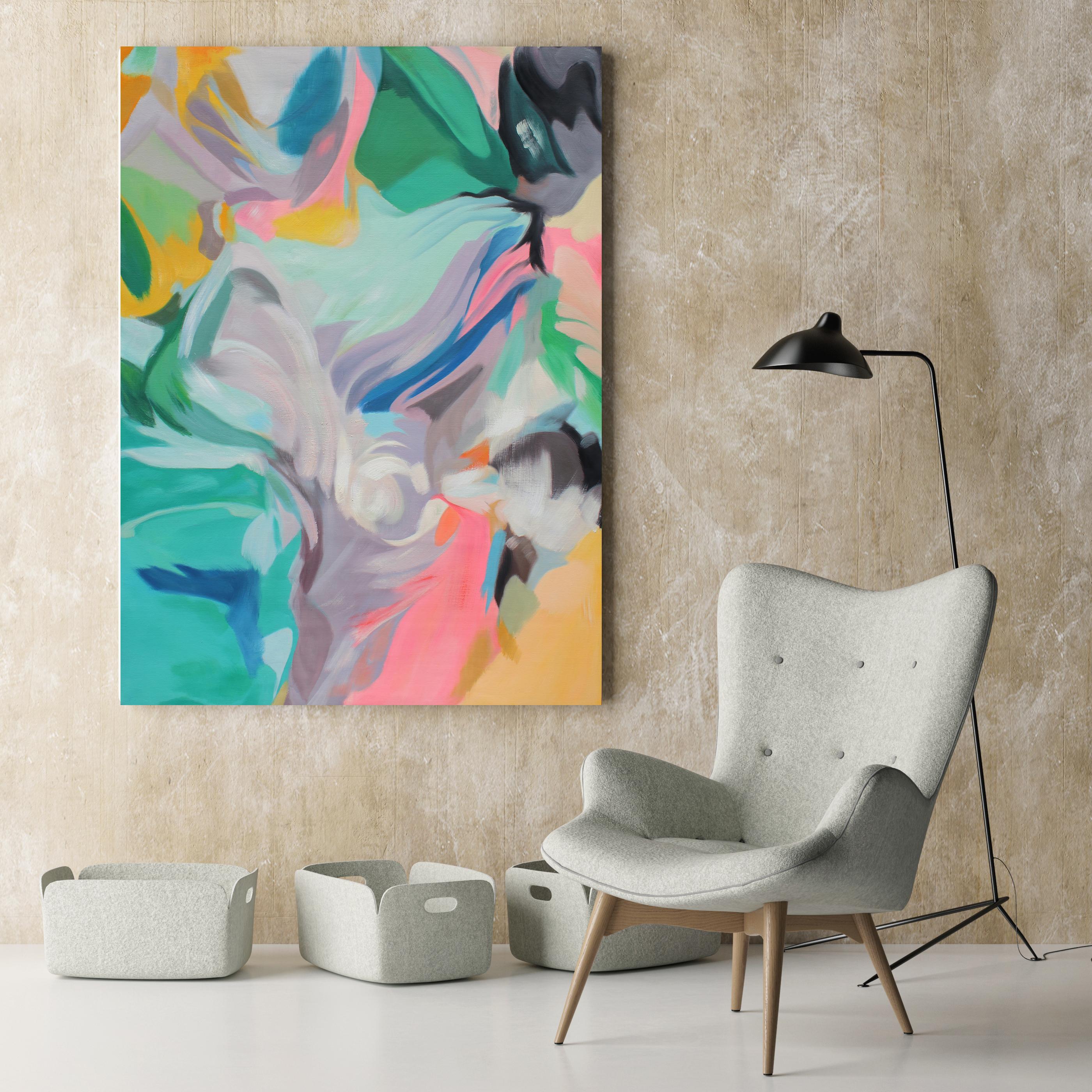 Teal Pink Blue Contemporary Abstract Acrylic Painting, 48W X 36