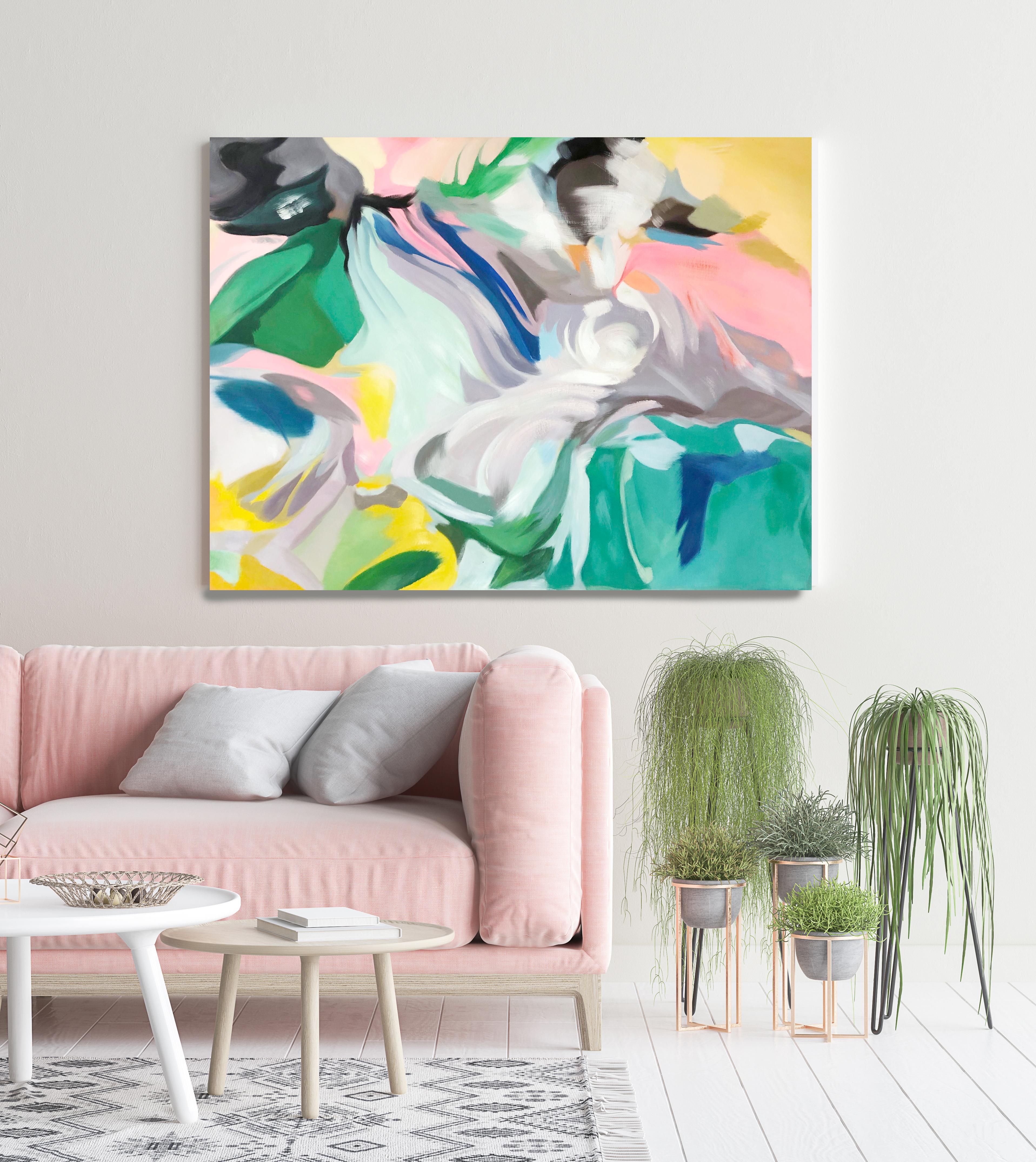 Irena Orlov Interior Painting - Teal Pink Blue Contemporary Abstract Acrylic Painting, 48W X 36"H Sympathy