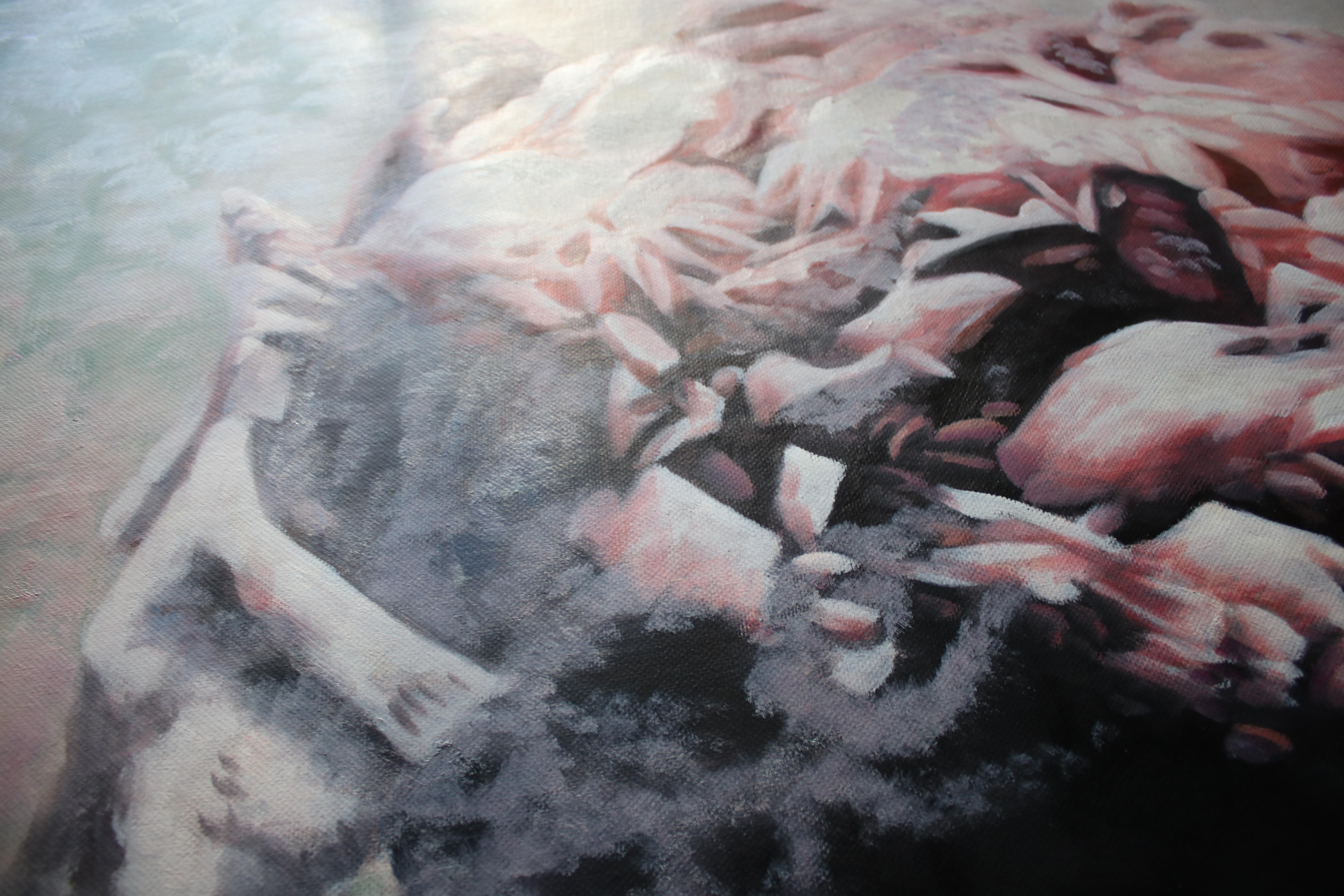 Peinture florale abstraite encadrée rose pivoine, 36 po. (H) x 48 po. (L)  - Réalisme Painting par Irena Orlov