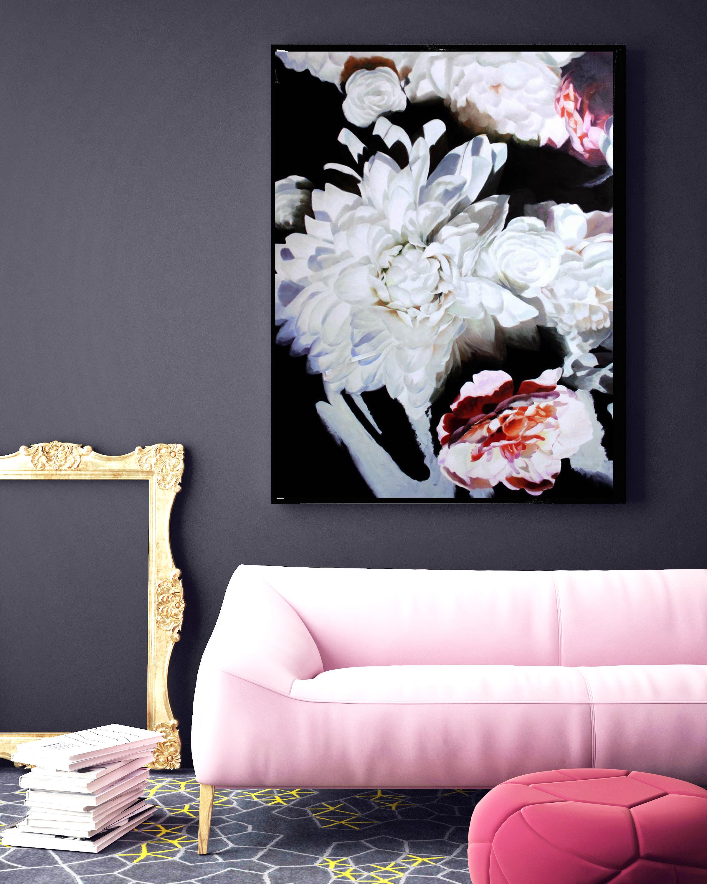 Weiß Rosa Schwarz Floral Acryl Gemälde gerahmt 48 H X 36" W Floral Inspiration 