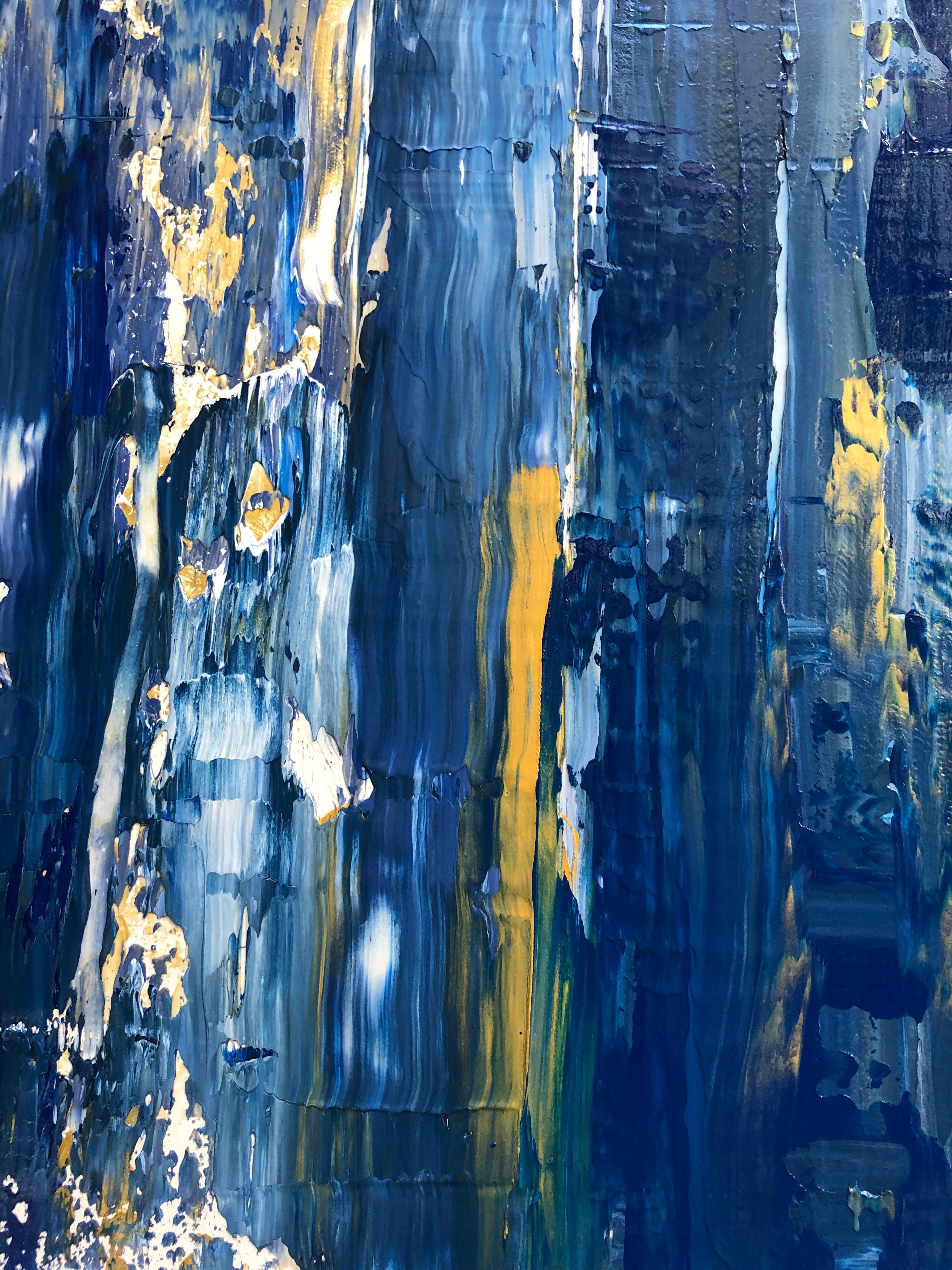 Bleu nuit, or, abstrait, texture lourde, moyen mixte sur toile, 36 x 48