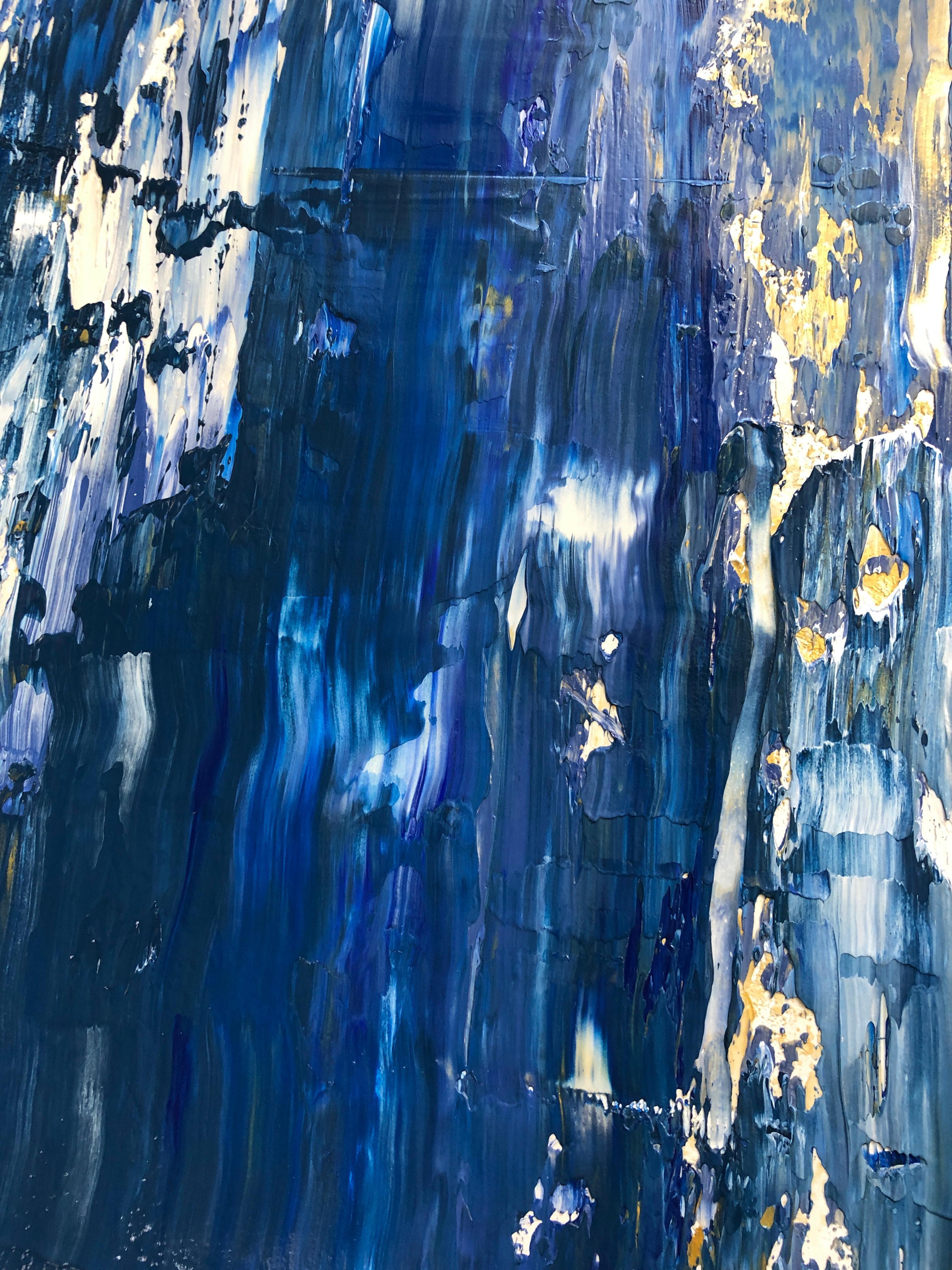 Peinture sur toile mixte abstraite à texture épaisse, bleu nuit et or, 91 x 122 cm en vente 1