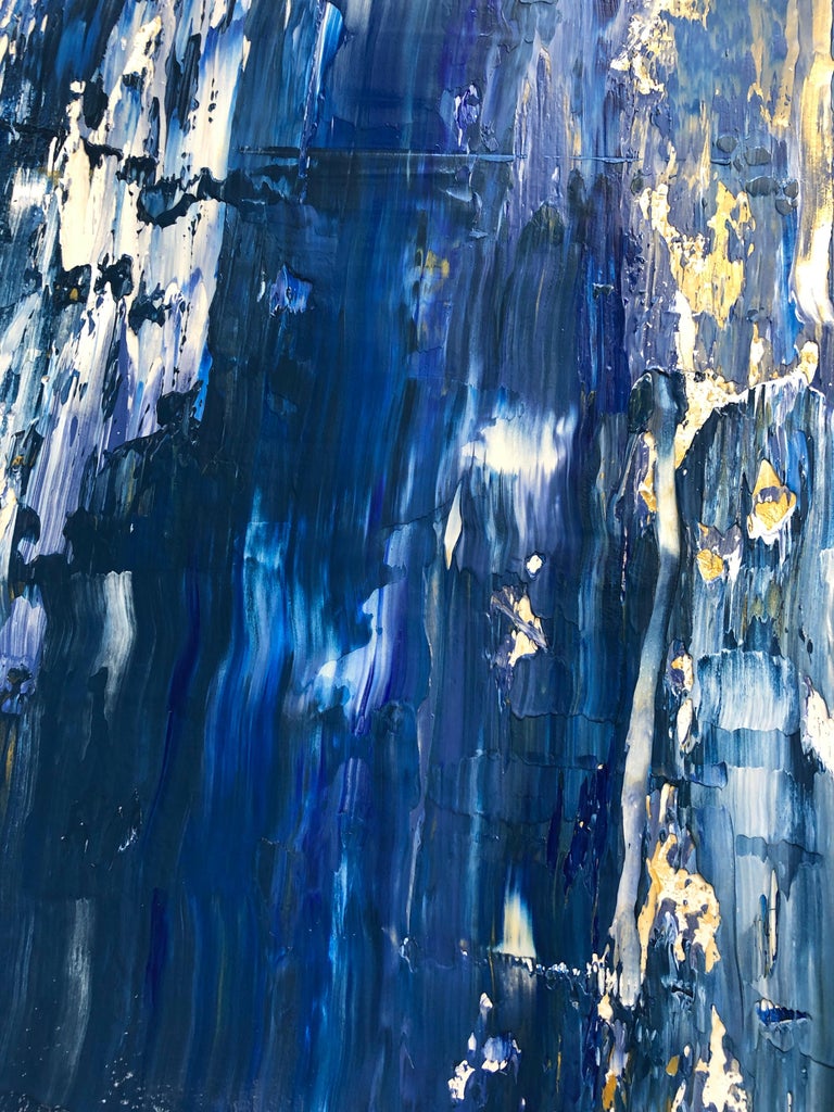 Midnight Blue Gold Abstract Heavy Textured Mixed Medium on Canvas, 36 x 48