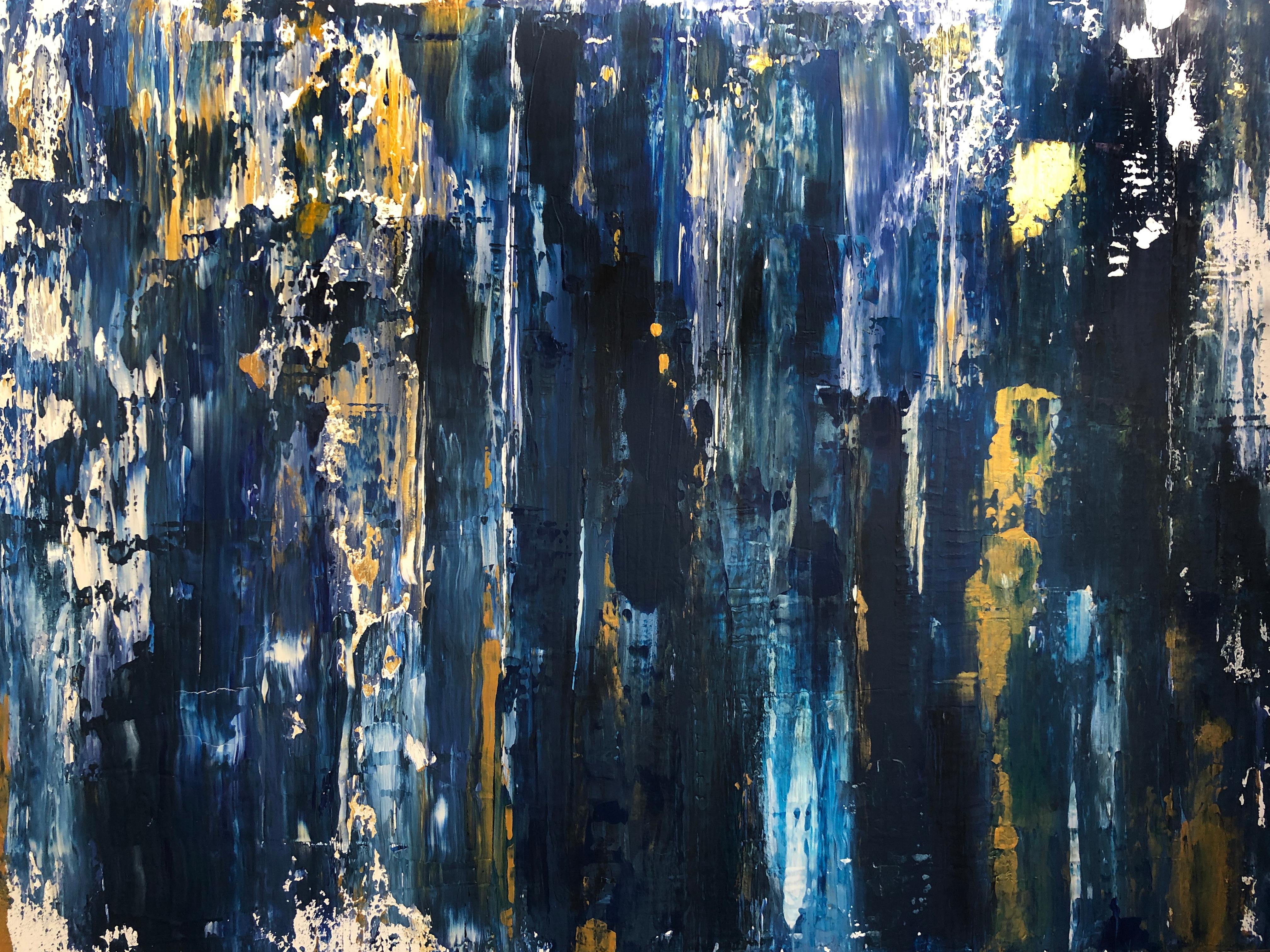 Peinture sur toile mixte abstraite à texture épaisse, bleu nuit et or, 91 x 122 cm en vente 3