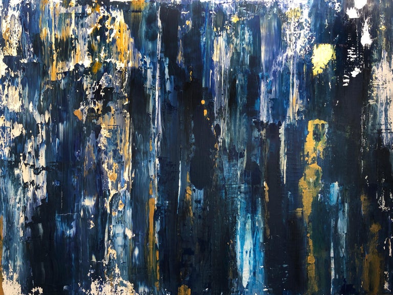 Midnight Blue Gold Abstract Heavy Textured Mixed Medium on Canvas, 36 x 48