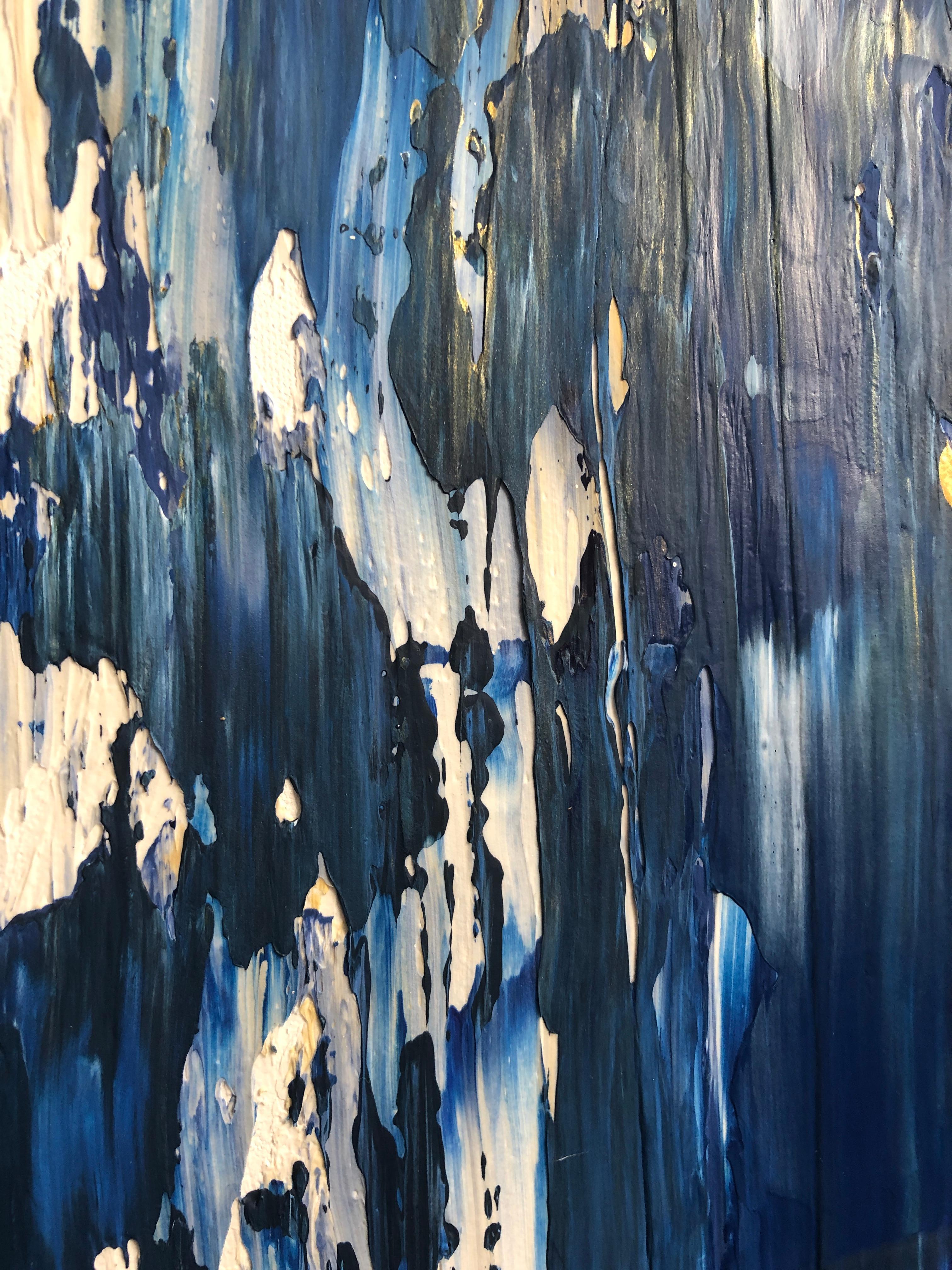 Midnight Blue Gold Abstract Heavy Textured Mixed Medium on Canvas, 36 x 48