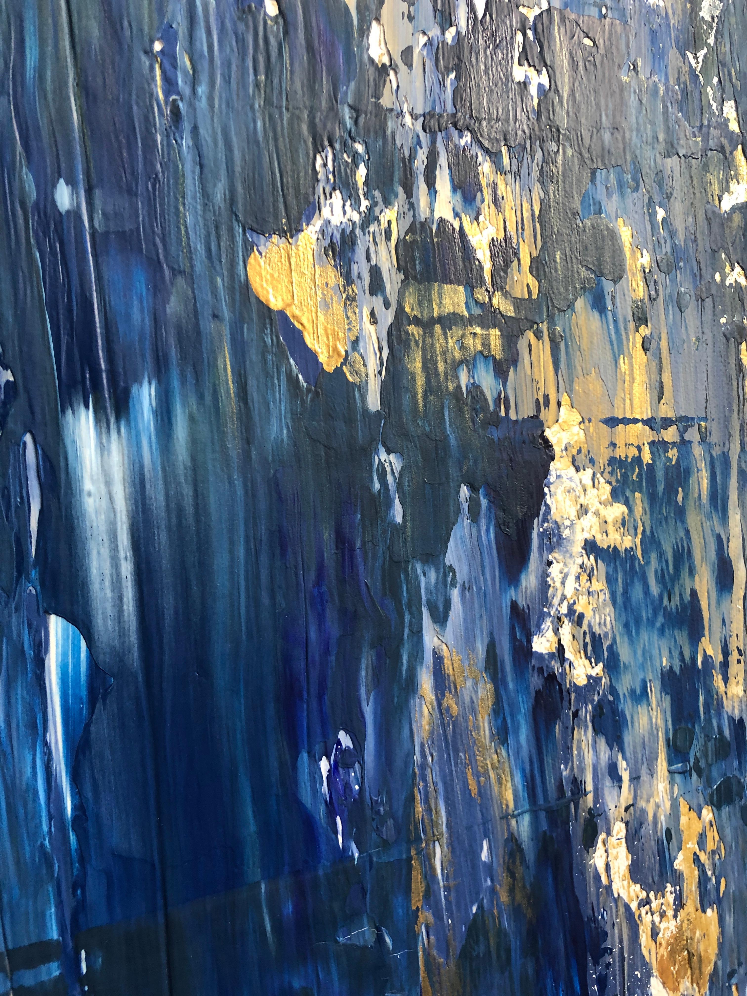 Midnight Blue Gold Abstract Heavy Textured Mixed Medium on Canvas, 36 x 48