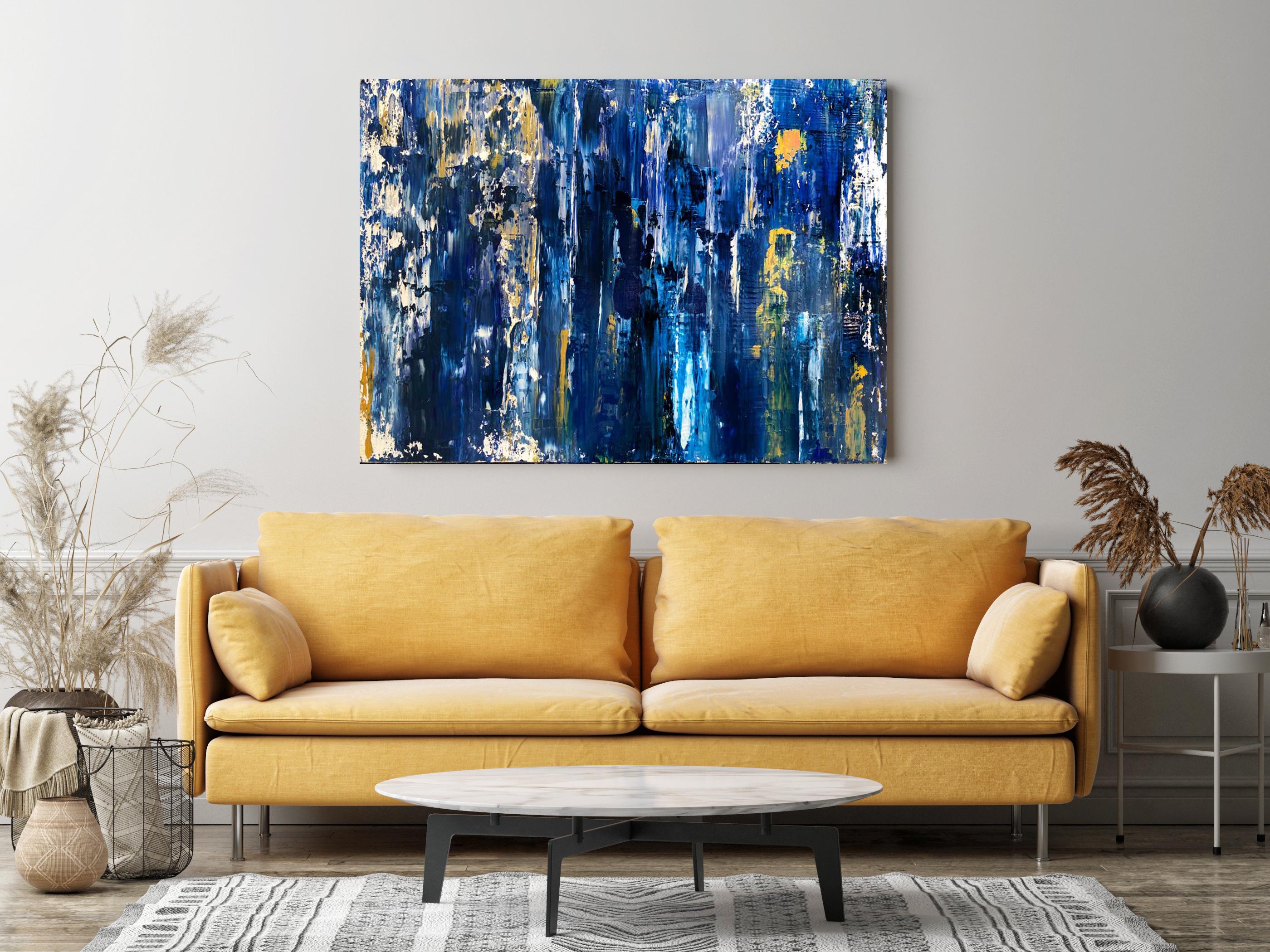 Midnight Blue Gold Abstract Heavy Textured Mixed Medium on Canvas, 36 x 48