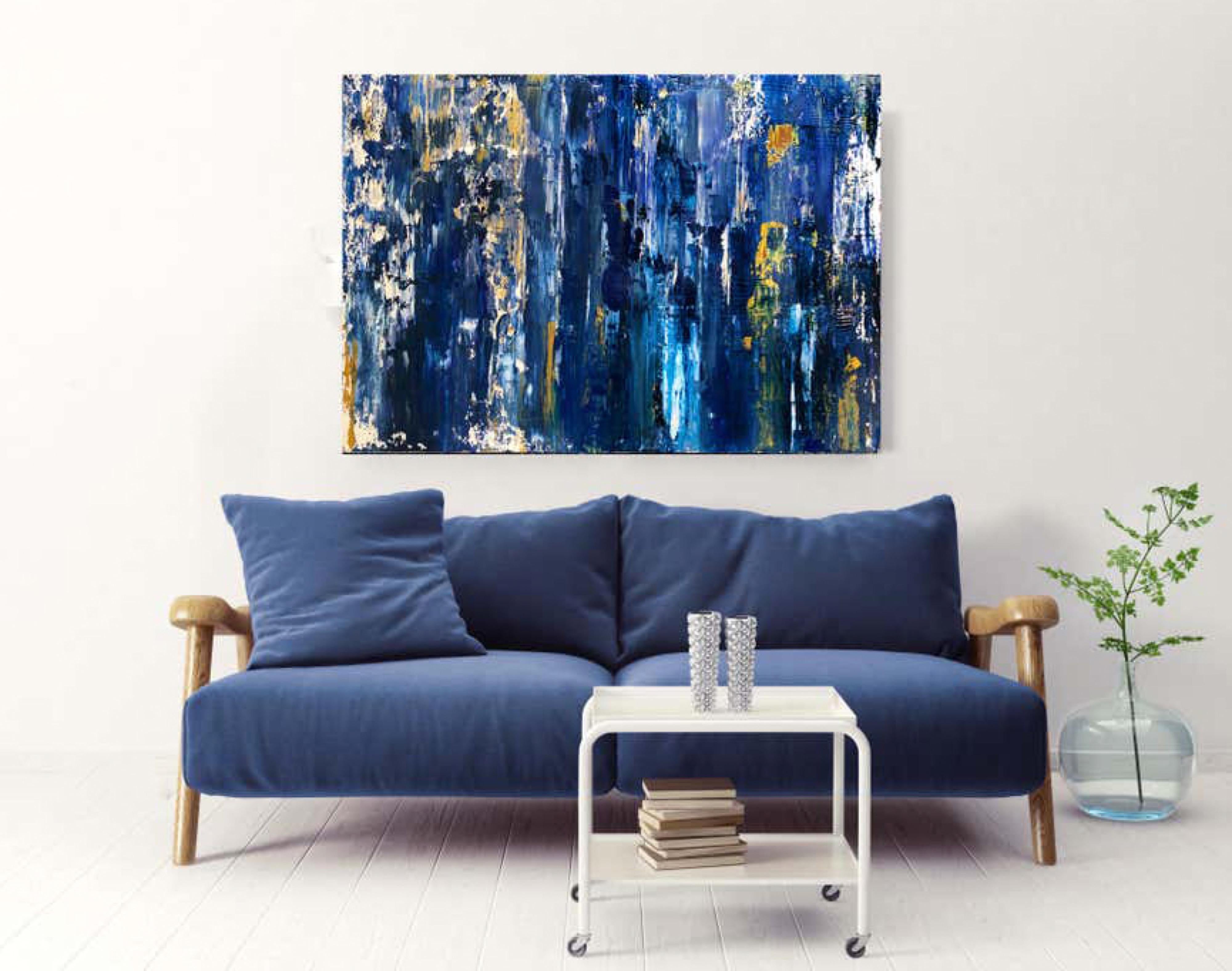 Midnight Blue Gold Abstrakt Heavy Textured Mixed Medium auf Leinwand, 36 x 48