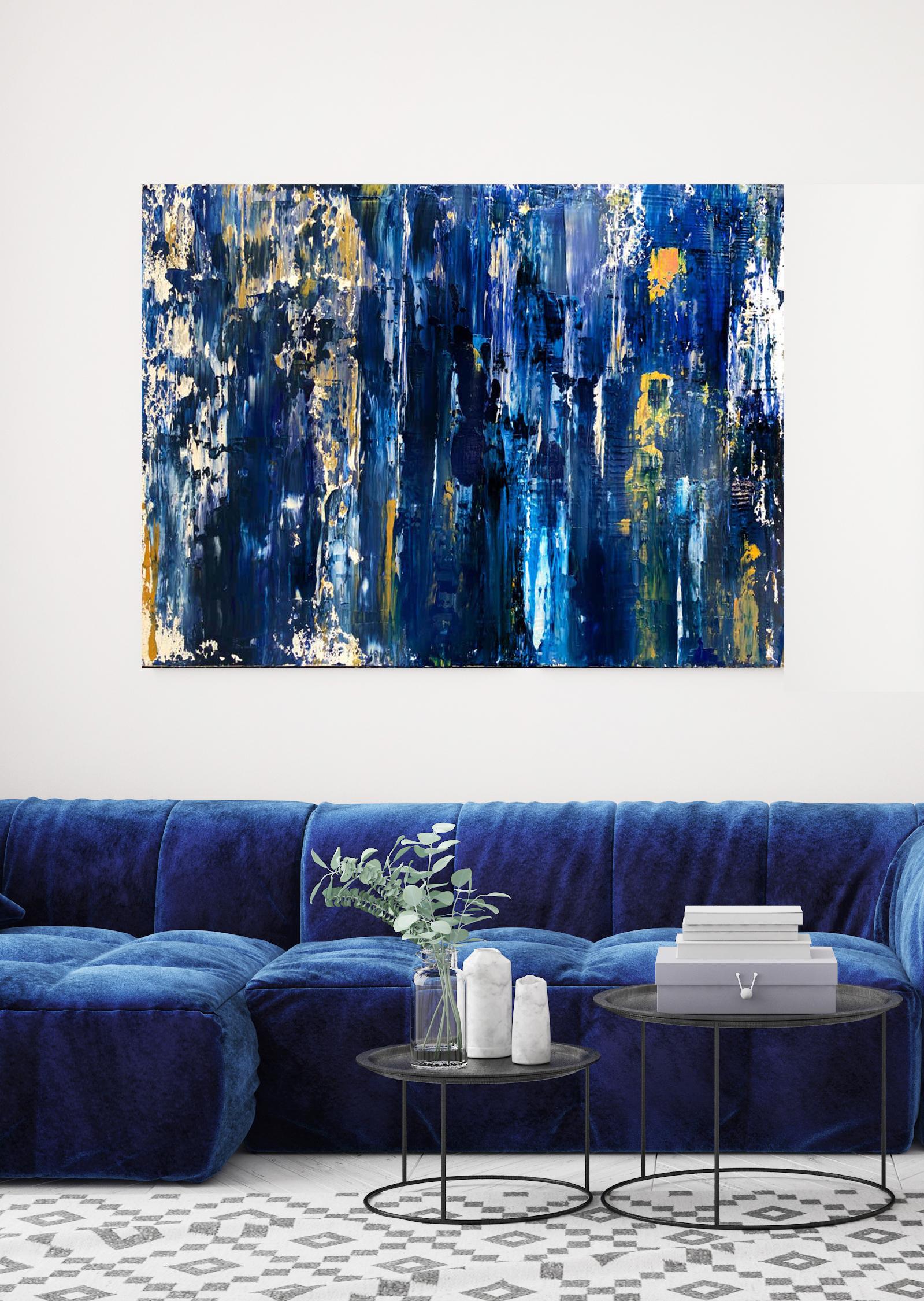 Midnight Blue Gold Abstract Heavy Textured Mixed Medium on Canvas, 36 x 48"