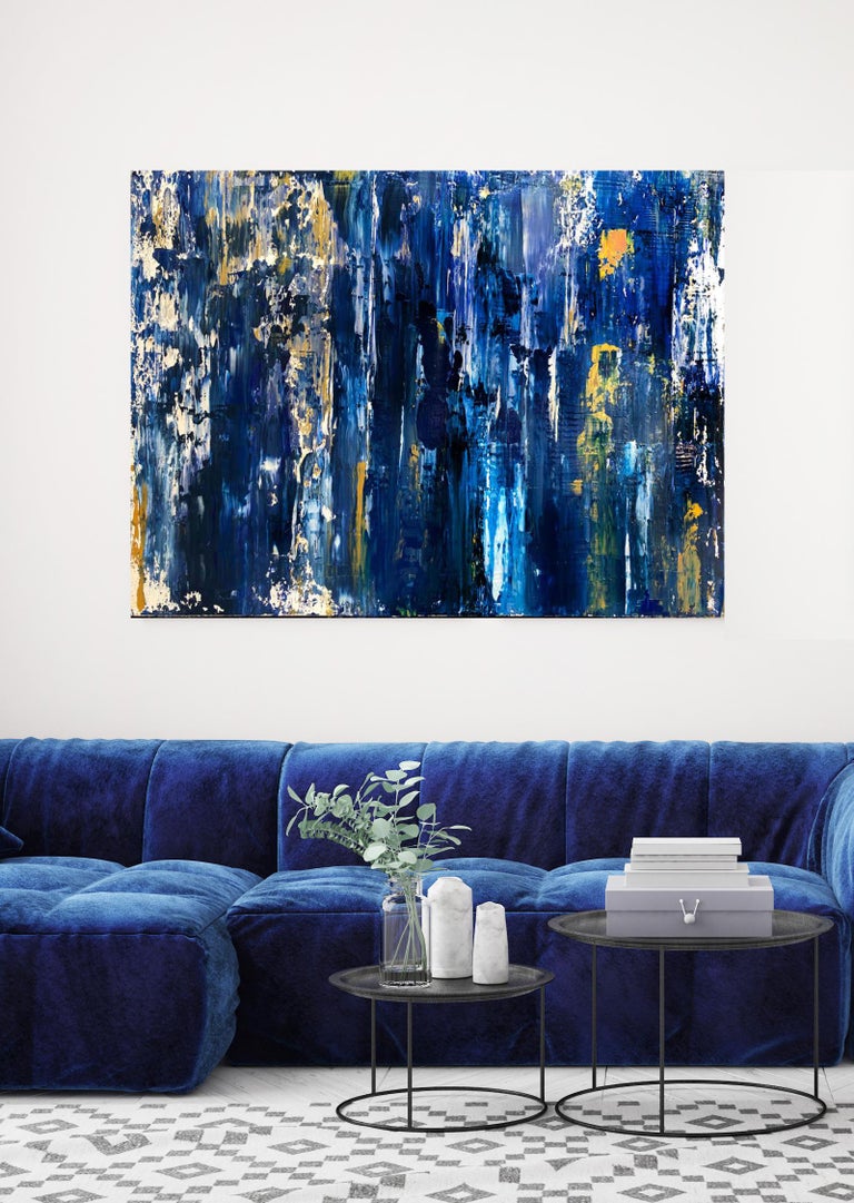 Irena Orlov Abstract Painting - Midnight Blue Gold Abstract Heavy Textured Mixed Medium on Canvas, 36 x 48"
