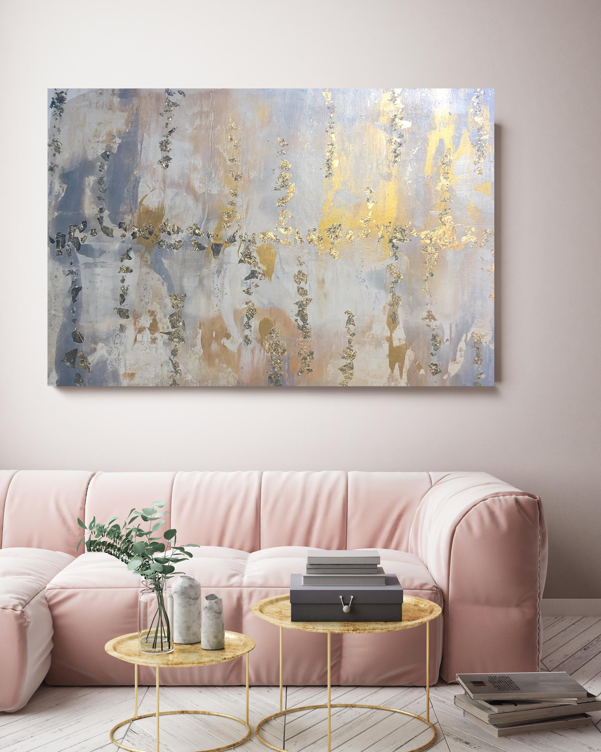 Champagne, Silver, Gold Leaf Contemporary Abstract Painting on Canvas 36 x 48