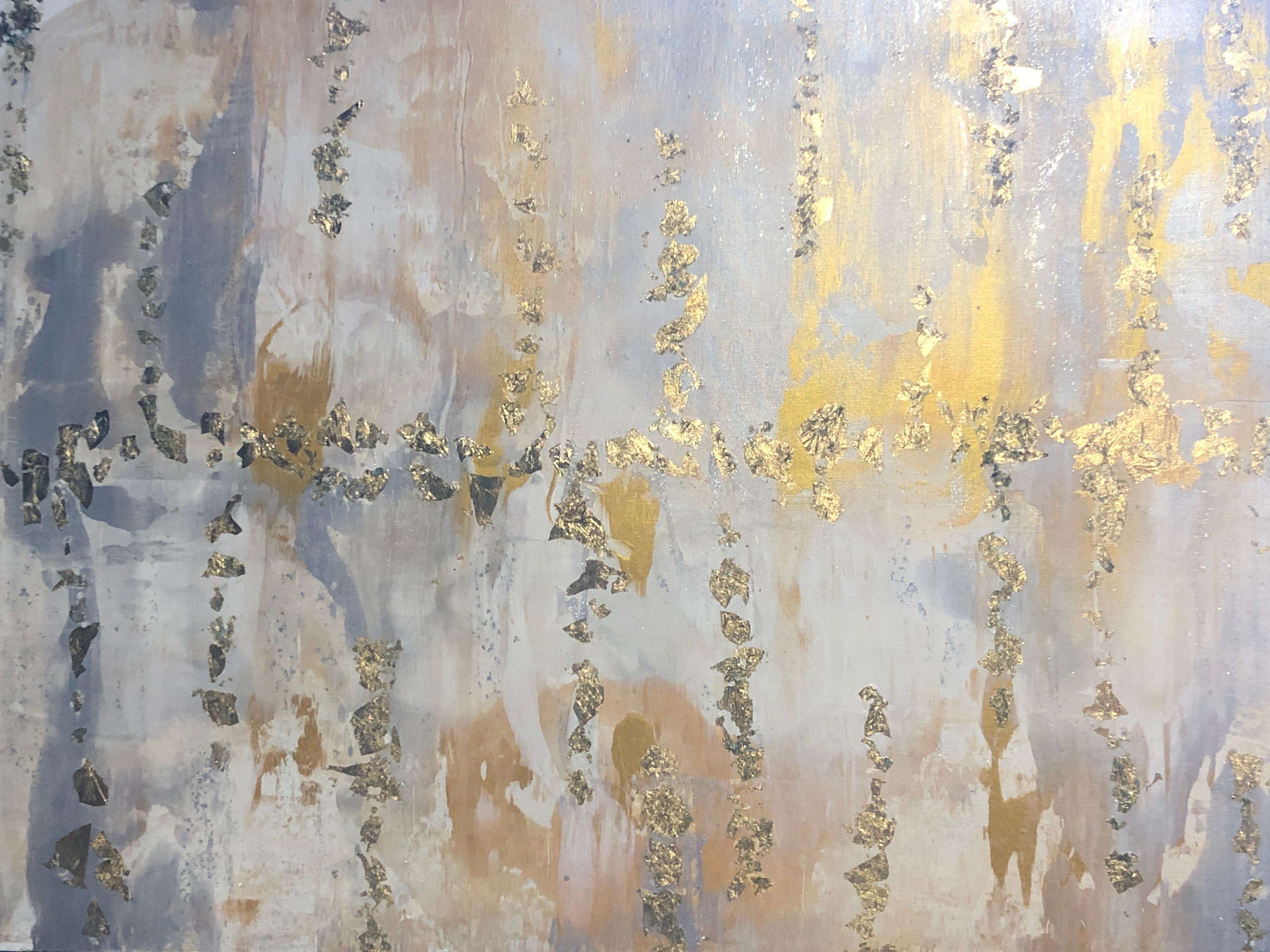 Champagne, Silver, Gold Leaf Contemporary Abstract Painting on Canvas 36 x 48