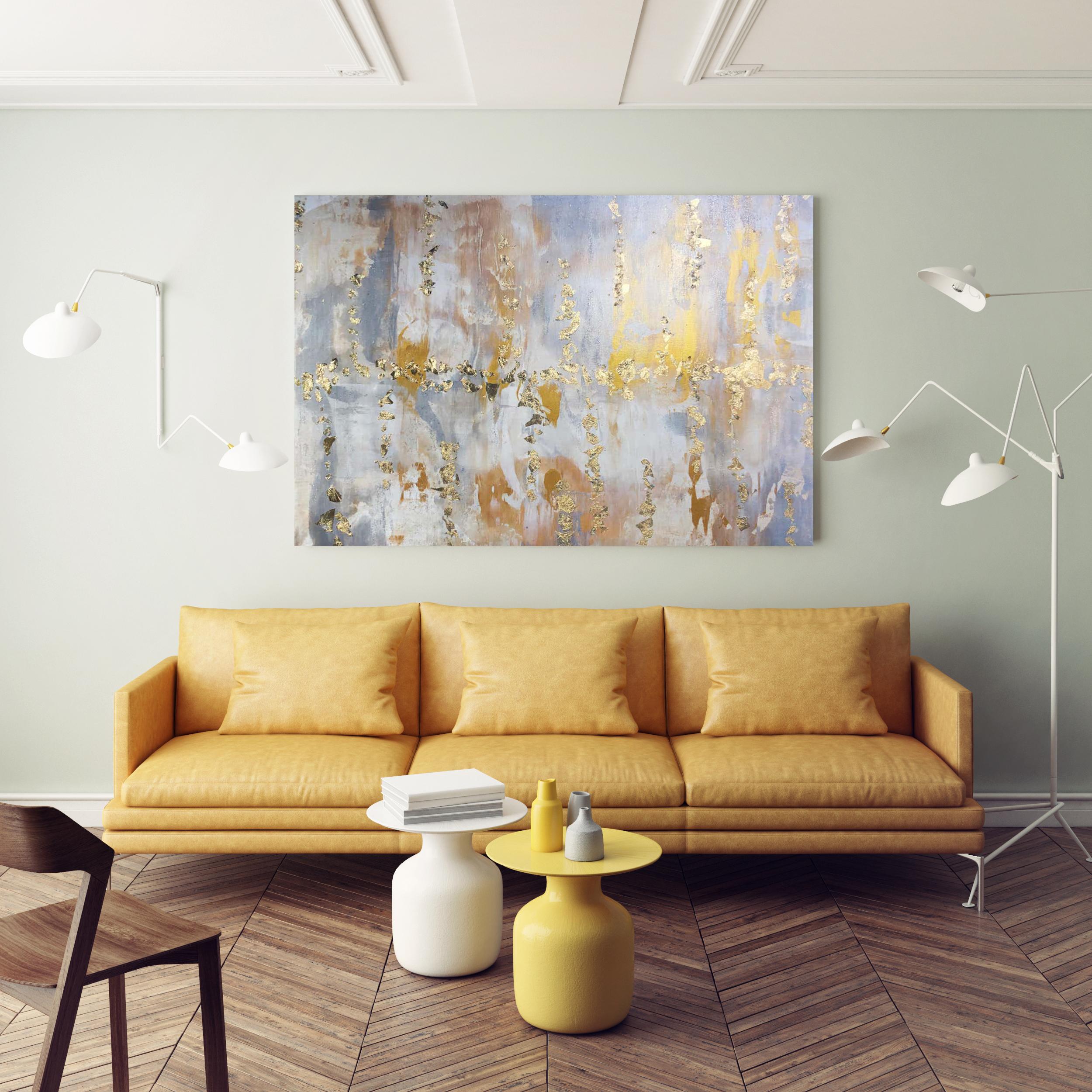 Champagne, Silver, Gold Leaf Contemporary Abstract Painting on Canvas 36 x 48